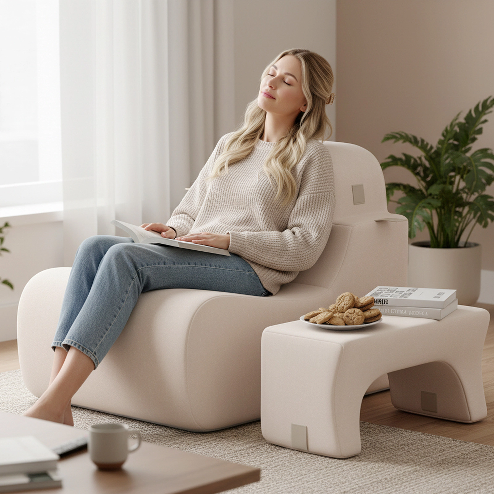 SUGIFT 350-lb Capacity Beige Ice Velvet Boneless Floor Chair Lazy Sofa with Detachable Headrest