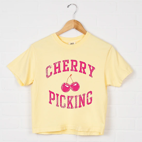 Simply Sage Market - Cherry Picking Varsity Arched - Women's Boxy Crop Top Graphic T-Shirt