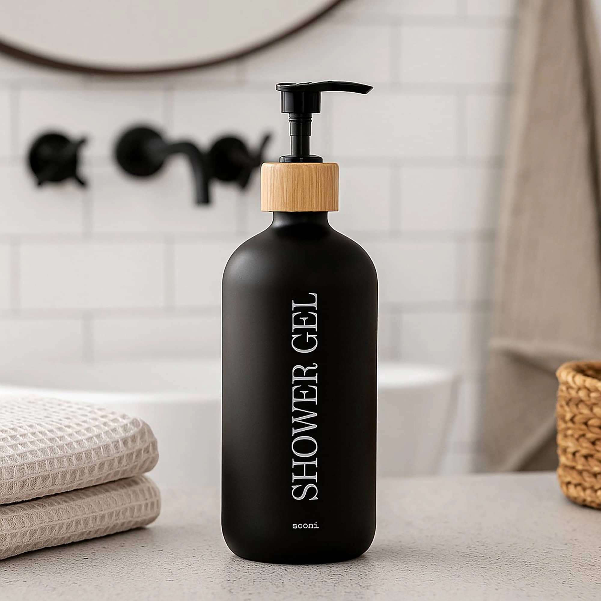 Evideco French Home Goods Matte Glass Refillable Shower Gel Bottle with Bamboo Collar