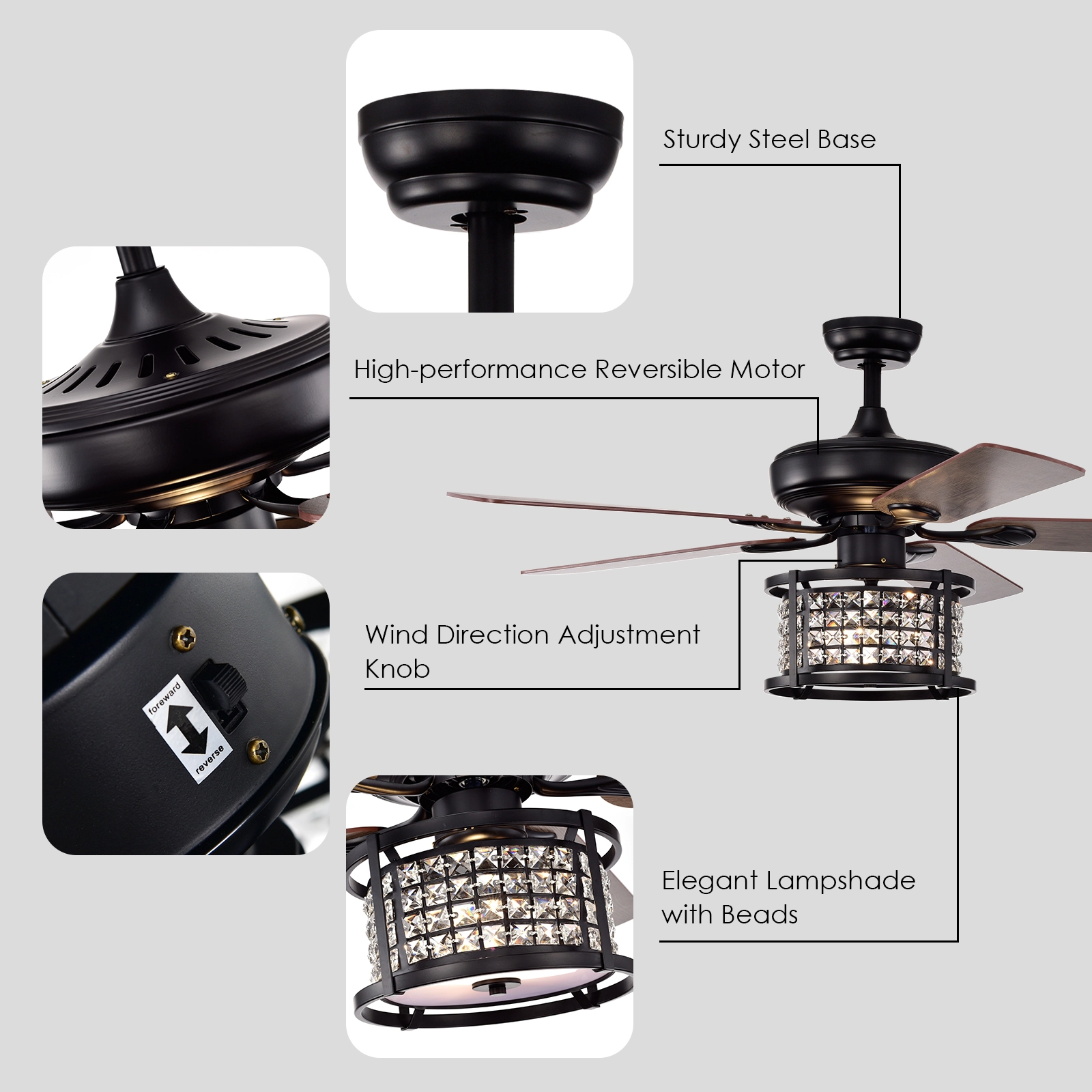 SUGIFT Crystal Ceiling Fan Light 3-Speed 52-in with Remote Control Black