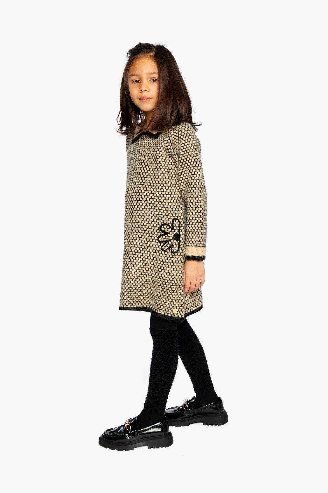 Deux par Deux Girls Honeycomb Knit Dress with Collar & Floral Embroidery
