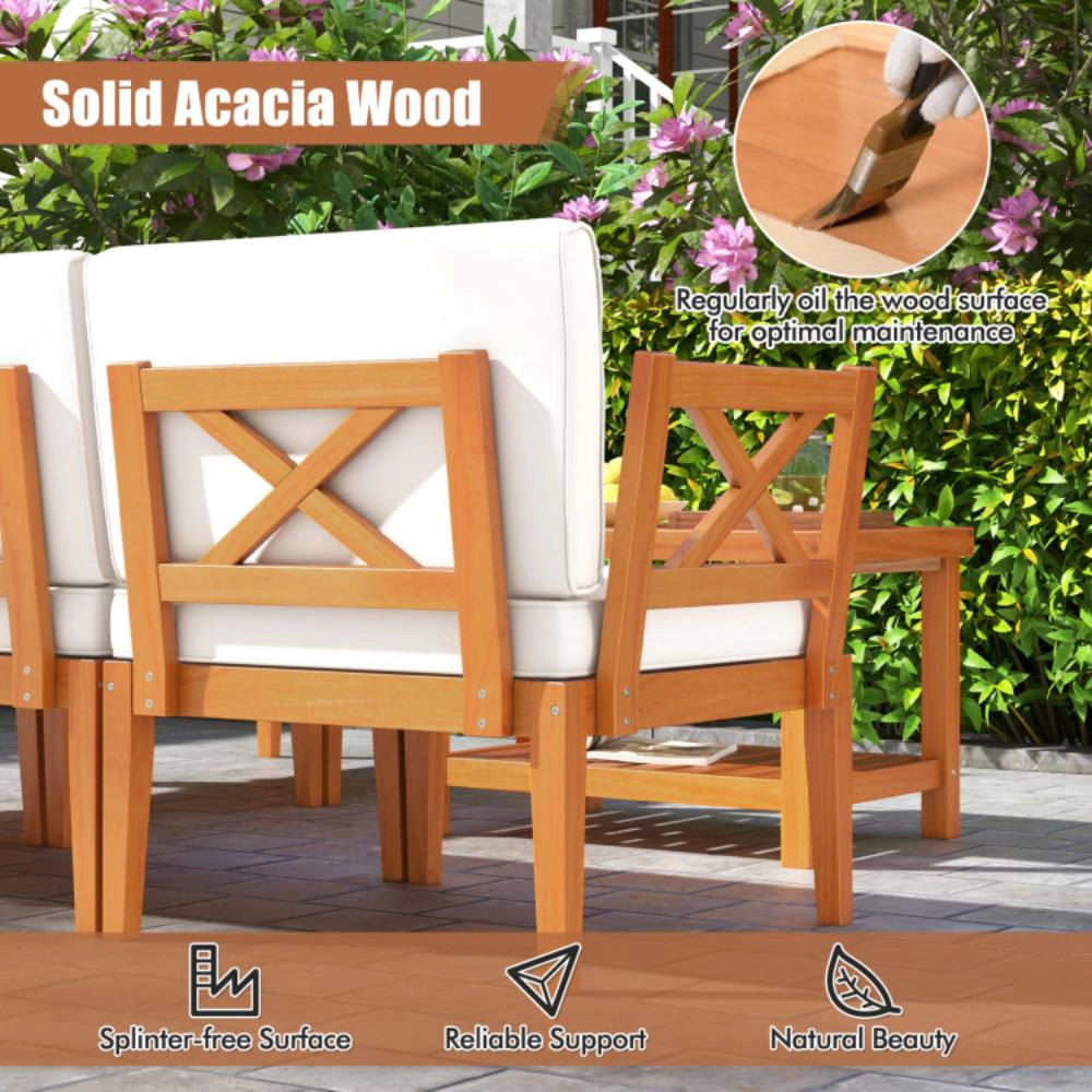 Hivvago 6 Pieces Acacia Wood Patio Furniture Set With Cushions And 2-Tier Coffee Table-White