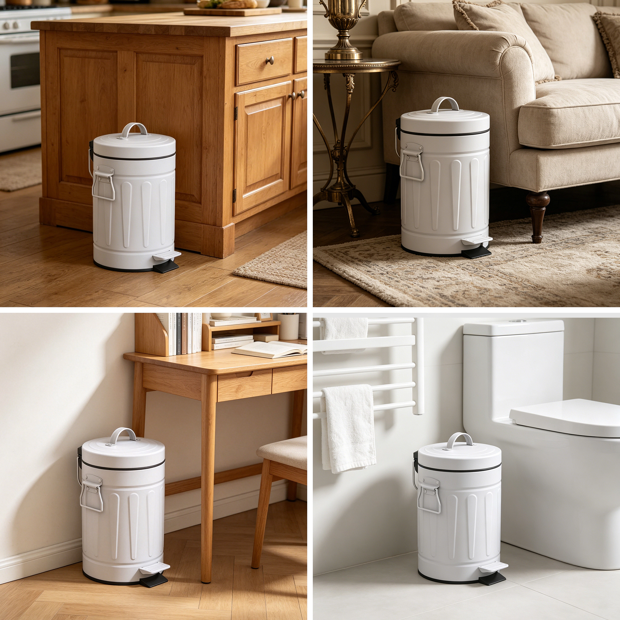 Innovaze 3.2 Gal./12-Liter and 0.8 Gal./3 Liter Old Time Style Round  White  Metal Step-on Trash Can Set