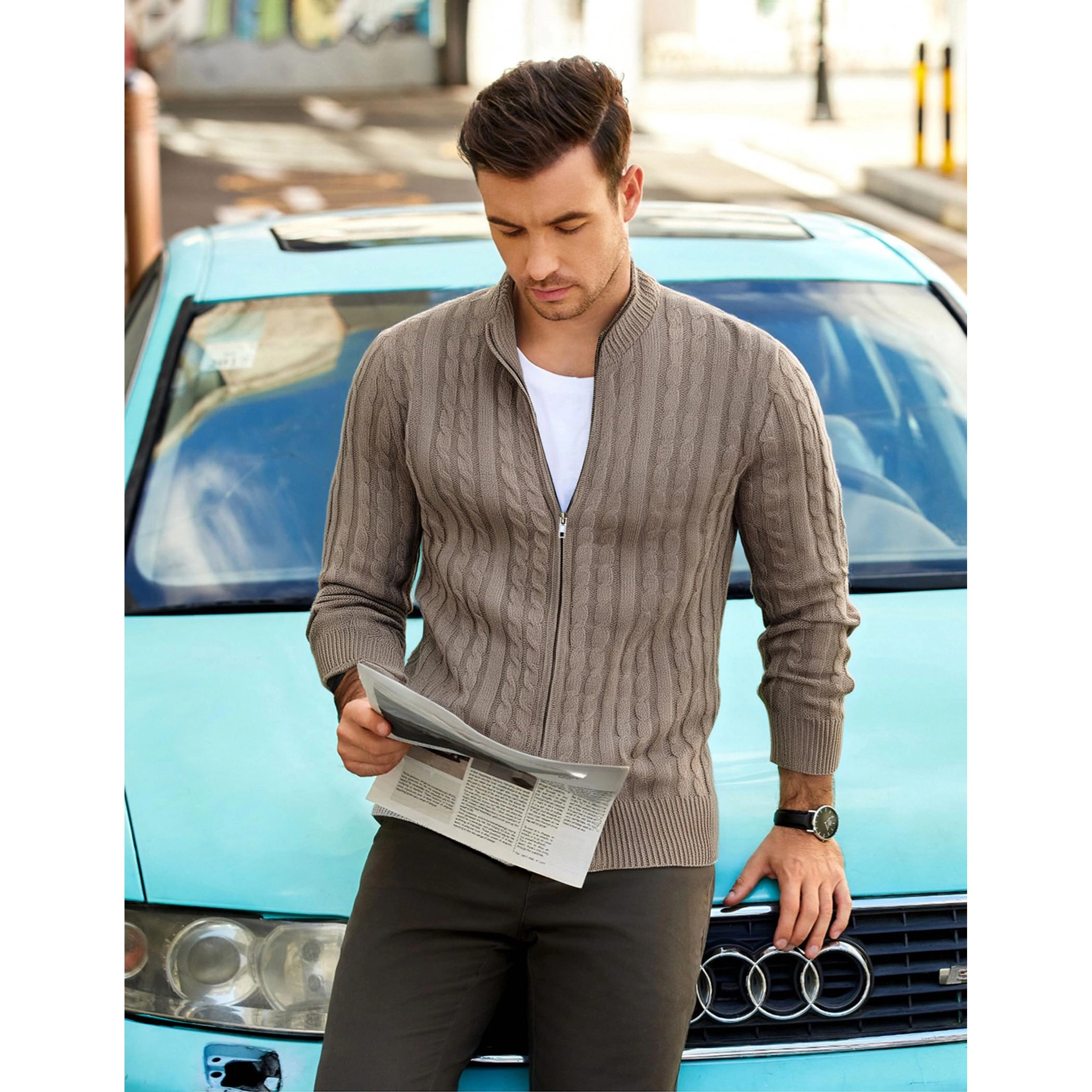 COOFANDY Men's Regular Fit Mock Neck Full Zip Cardigan Sweater