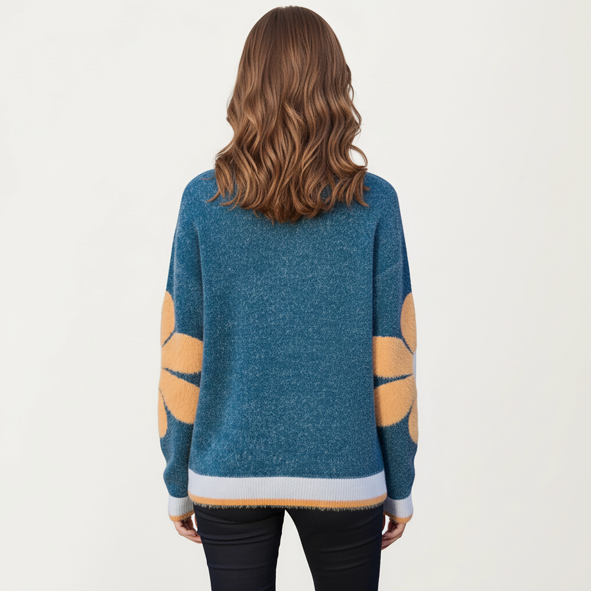 Anna-Kaci Women's Large Floral Graphic Pattern Fuzzy Knit Sweater with Soft Textured Feel Ribbed Crew Neckline