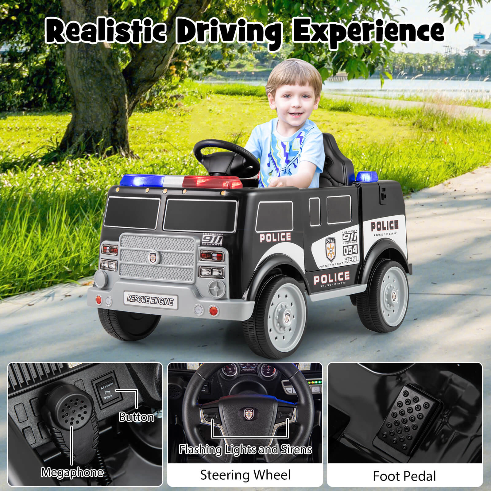 Costway Kids Ride on Police Car with 3 Speeds Megaphone Music FM Radio Flashing Lights