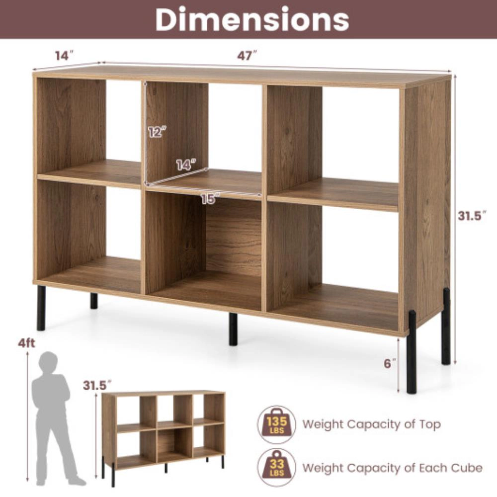 Hivvago 6-Cube Storage Bookcase 3-Tier Wooden Open Bookshelf with 5 Metal Legs