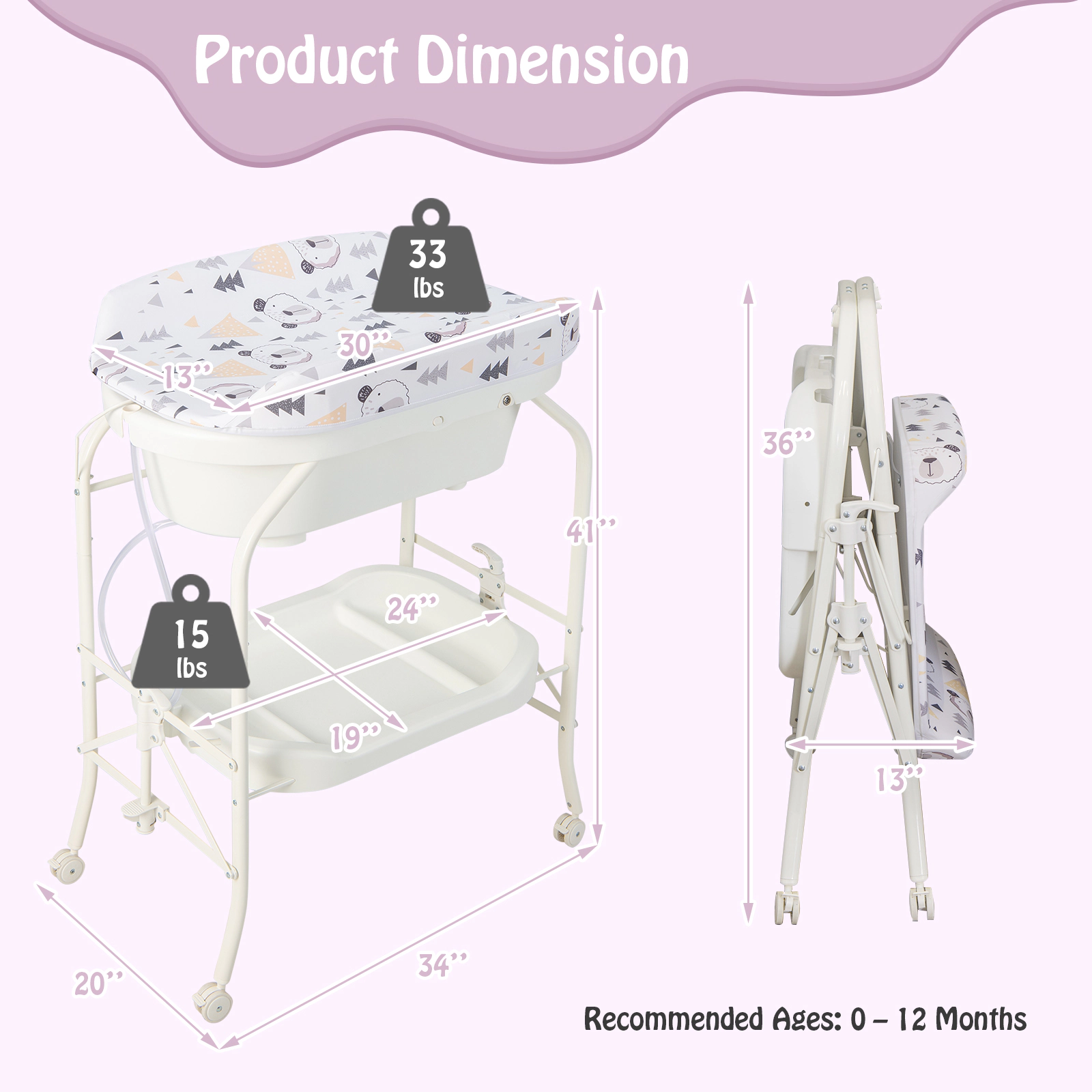 SUGIFT Folding Baby Changing Table White with Bathtub and 4 Lockable Wheels