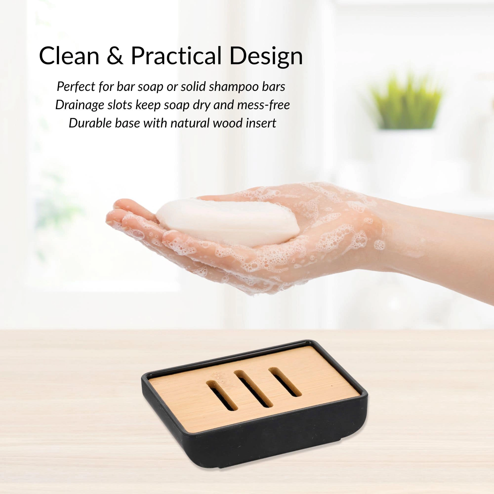 Evideco French Home Goods Urban Two-Piece Soap Dish - Rubber Frame with Removable Acacia Wood Insert