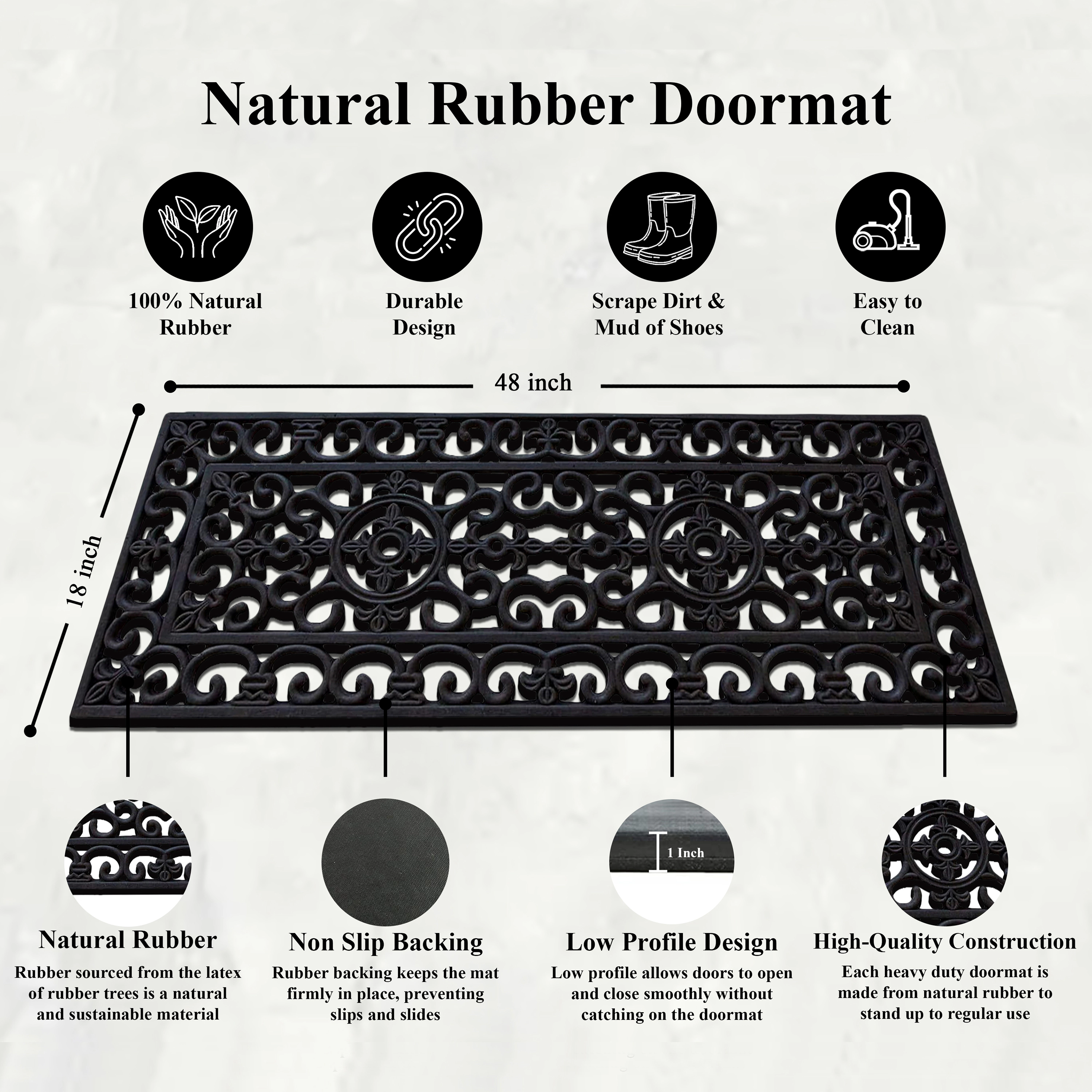 A1 Home Collection 8 lb Heavy Duty Rubber Outdoor Doormat Non-Slip Dirt Scraper Mat, Black Paisley, 18 x 48 Inches