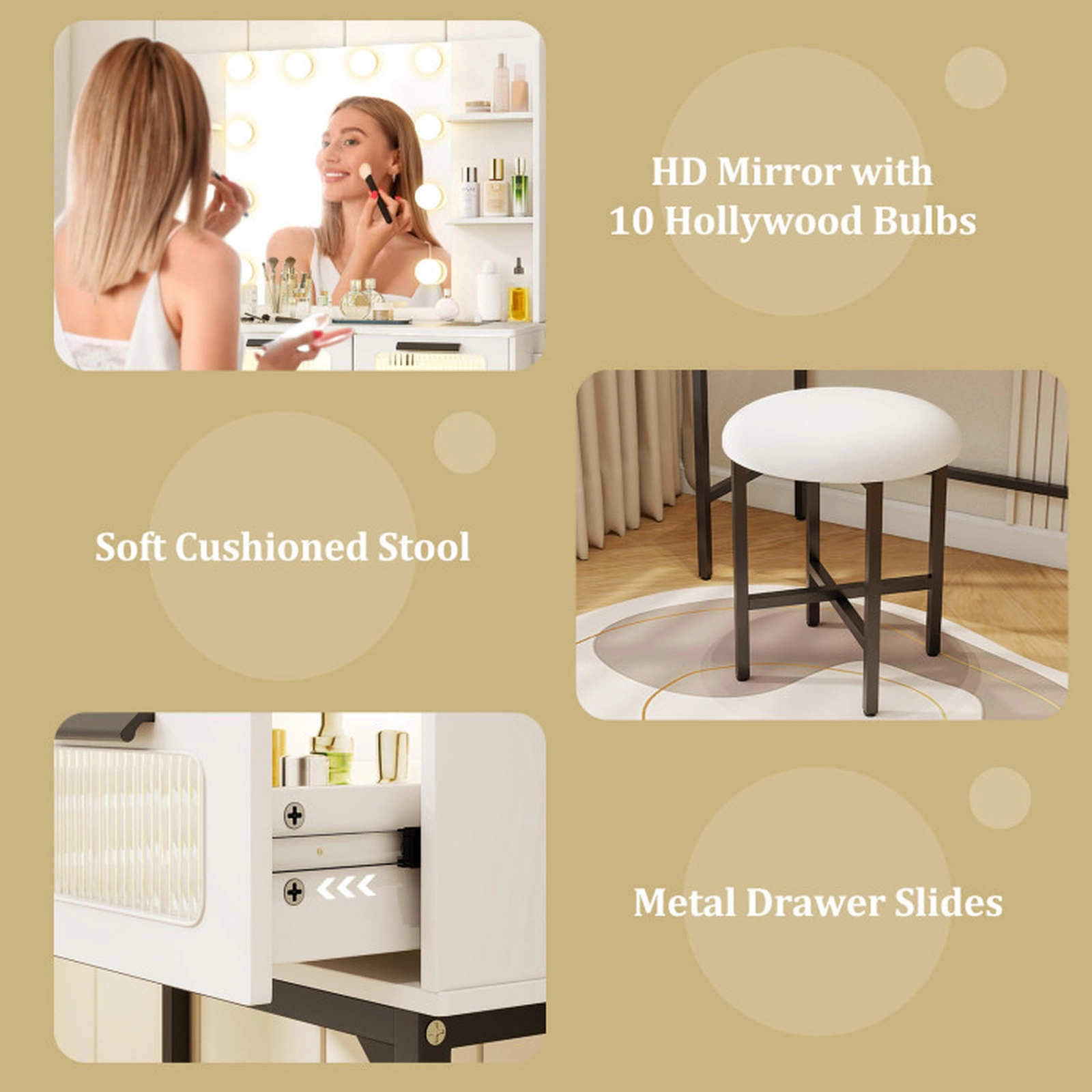 SUGIFT 35.5-in White Vanity Makeup Desk with 10-Bulb Hollywood Mirror Charging Station and Anti-Tip Kit