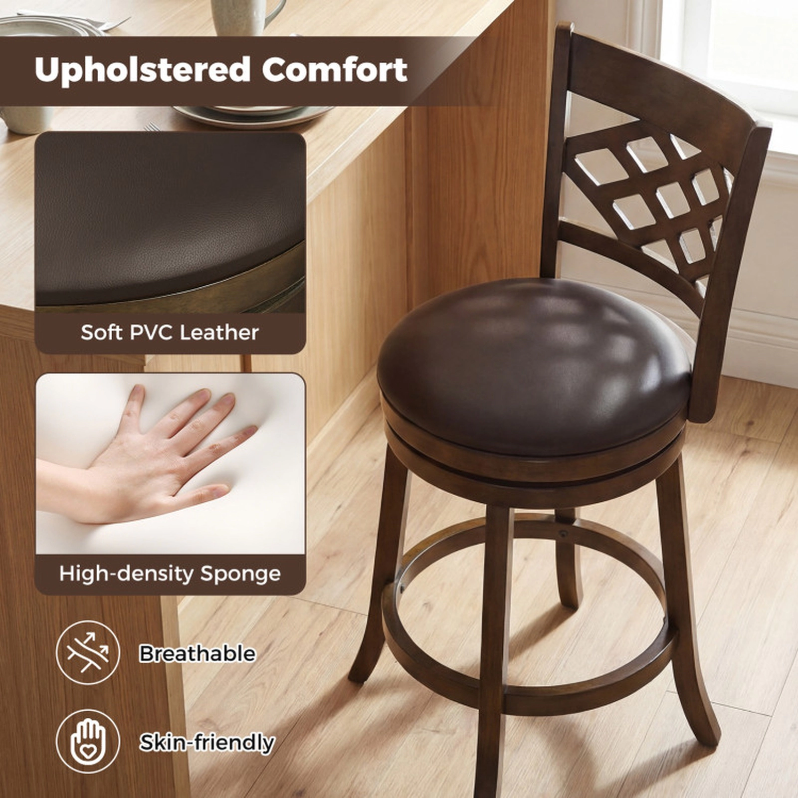 SUGIFT Round PVC Leather Seat and Rubber Wood Frame Set of 2 Brown Swivel Bar Stools