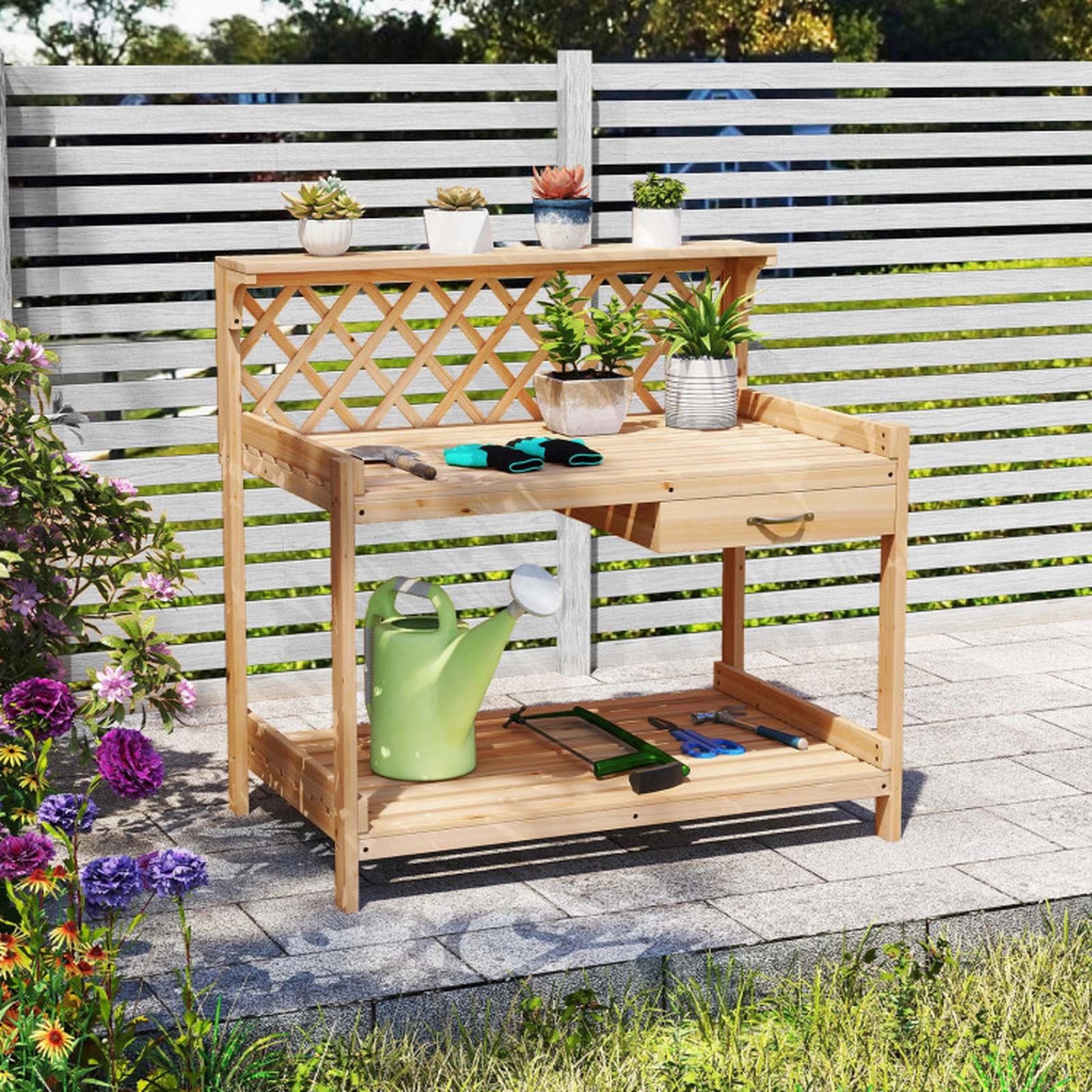 SUGIFT Natural Wood Potting Bench with Lattice Trellis and Drawer 35.5-in W 34.5-in H 176-lb Tabletop Capacity
