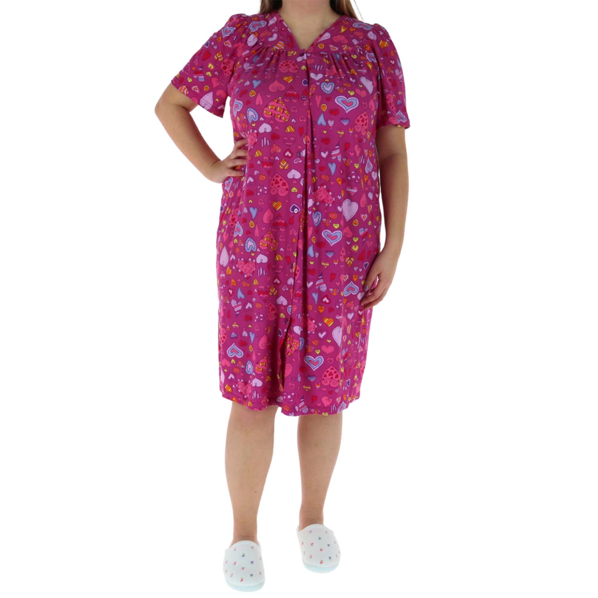 Elegant Emily Women's Pink Hearts Short Sleeve Button Down Duster