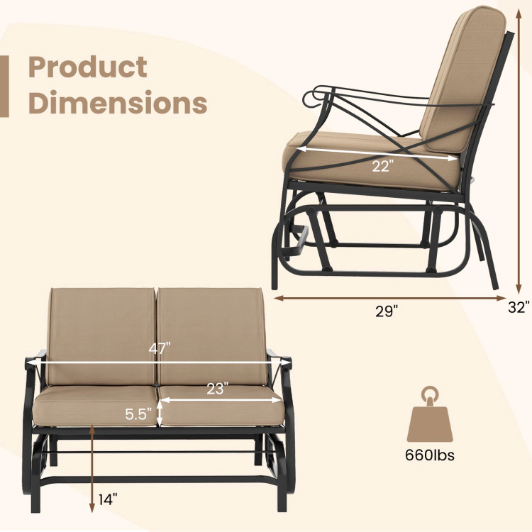 Hivvago Outdoor 2-Person Glider Rocking Chair Loveseat With Thick Cushions And Metal Frame