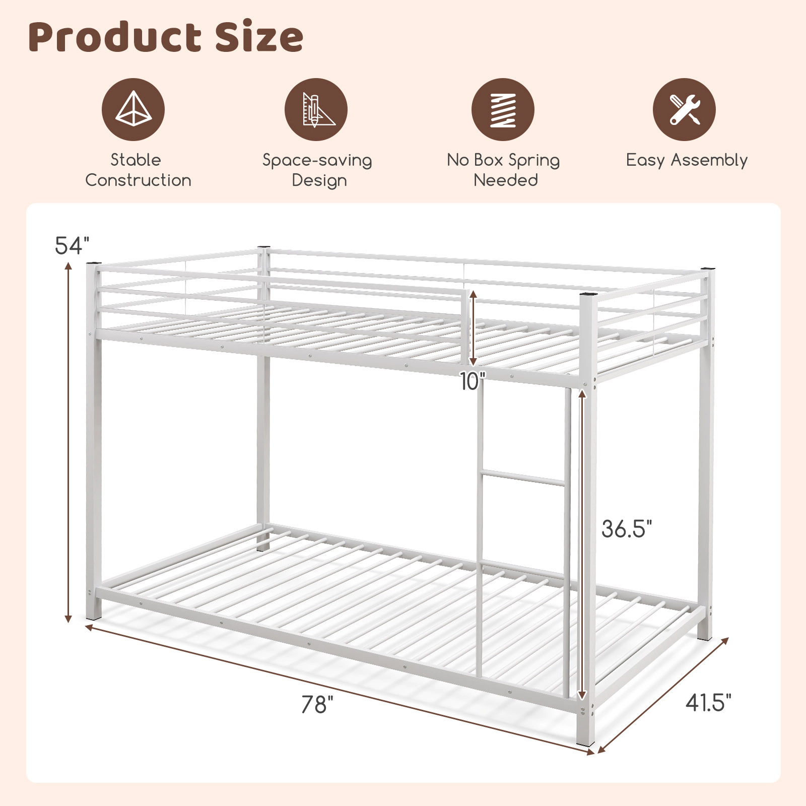 SUGIFT Twin-Over-Twin Low-Profile Metal Bunk Bed, White