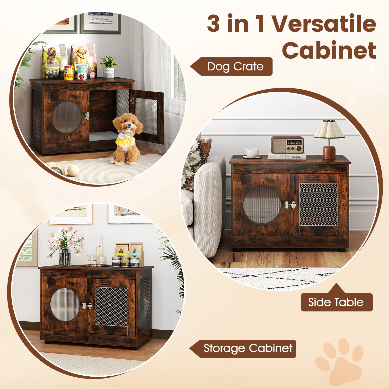 SUGIFT Rustic Brown Furniture Dog Crate with PC Window 32.5-in W 18.5-in D 23.5-in H 100-lb Tabletop Capacity