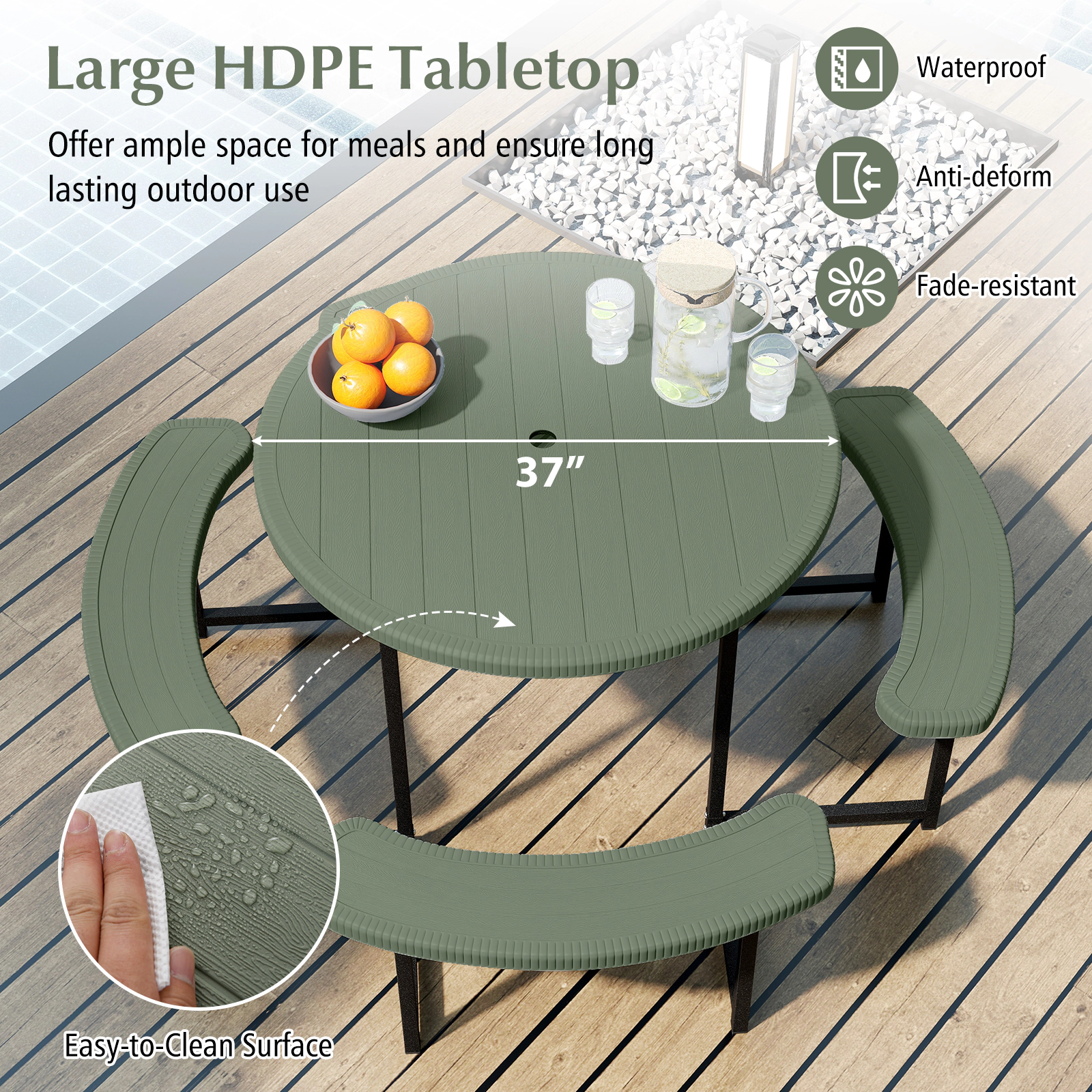 SUGIFT Round Picnic Table Set Green 37 in with 4 Curved Benches and Umbrella Hole