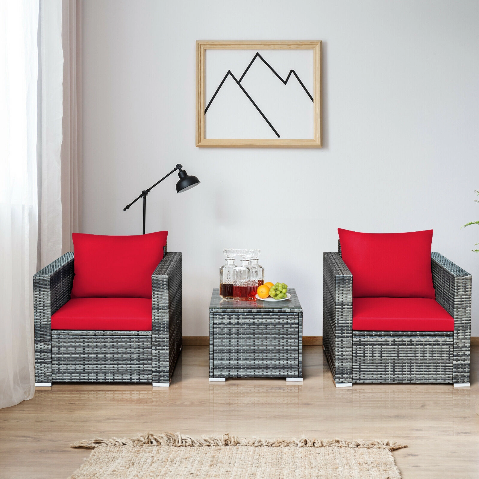 SUGIFT 3-Piece Gray Rattan Outdoor Patio Sofa Set with Cushions and Glass Coffee Table