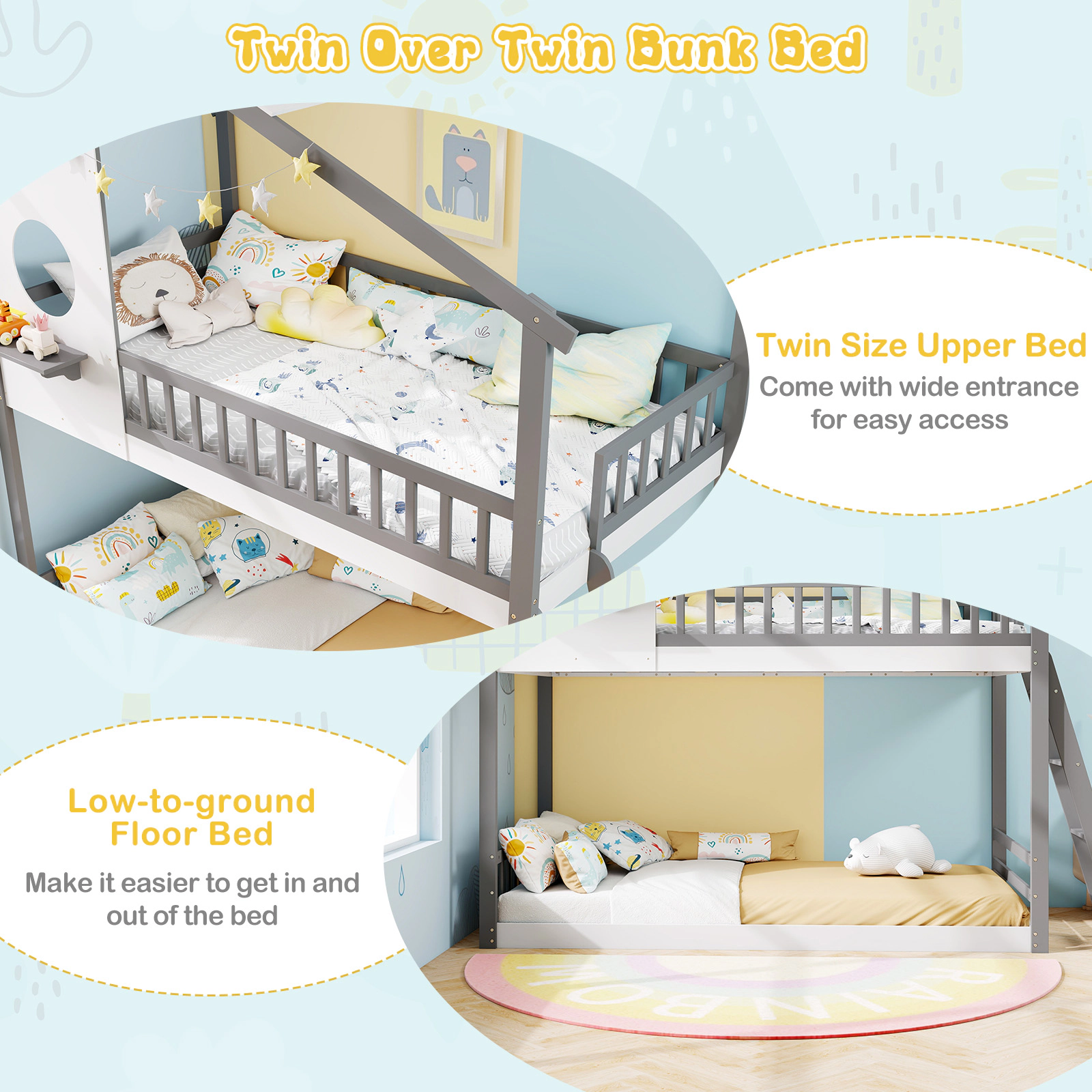 SUGIFT Gray and White Roof Window and Guardrails Twin Over Twin Kids House Bunk Bed