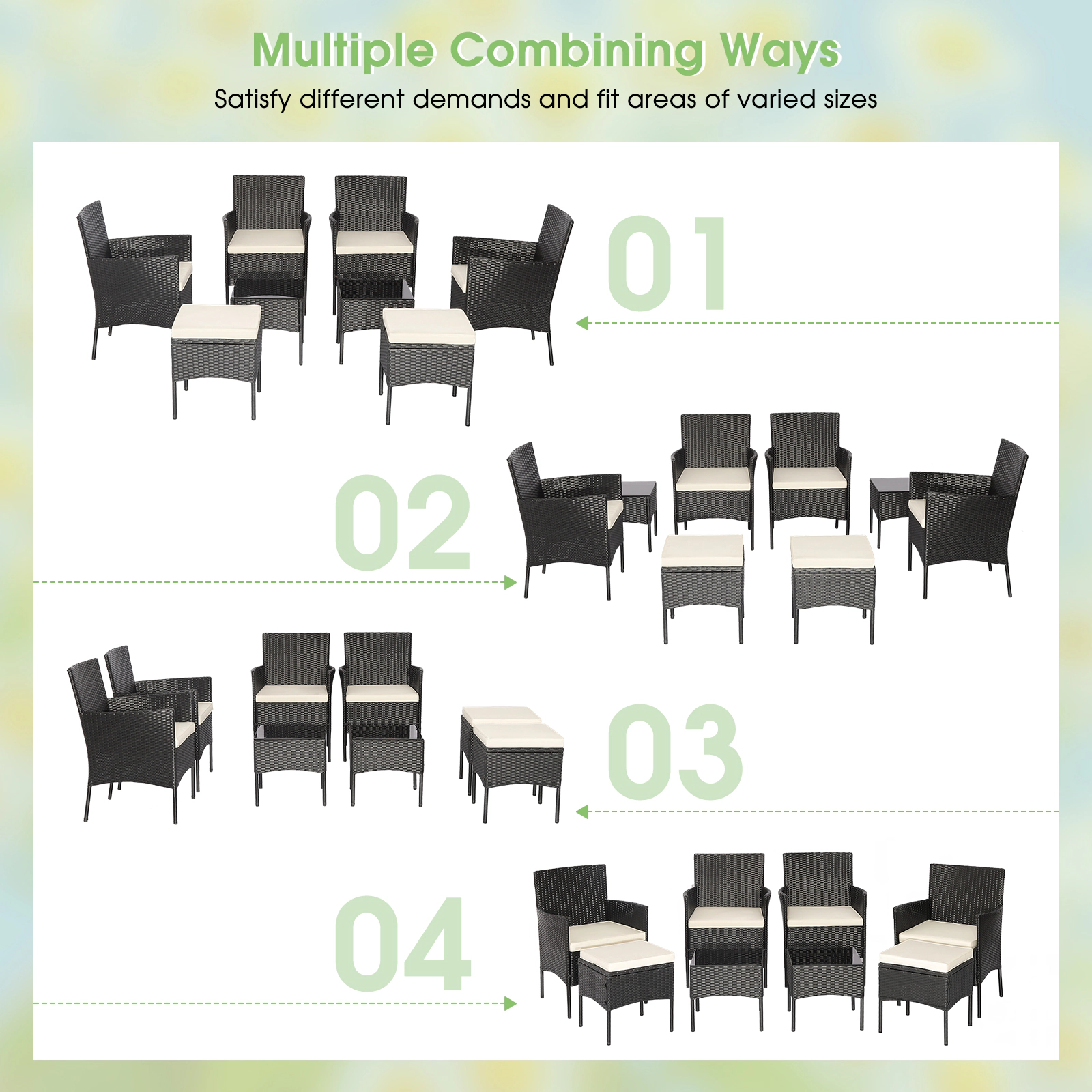 SUGIFT 2 Coffee Tables and 2 Ottomans 8-Piece Black Patio Wicker Conversation Set