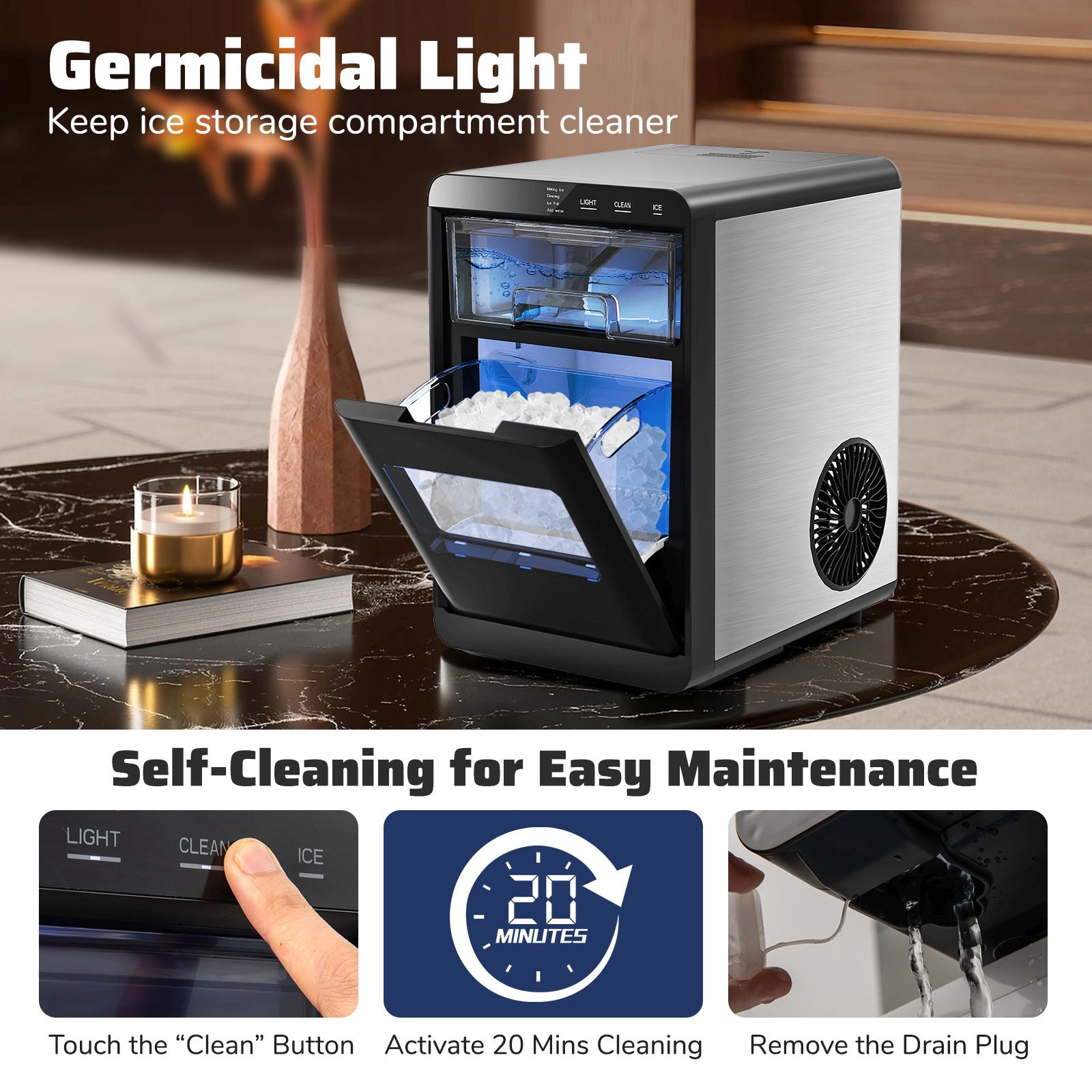 SlickBlue Black Portable Nugget Ice Maker Countertop Machine with Self Cleaning