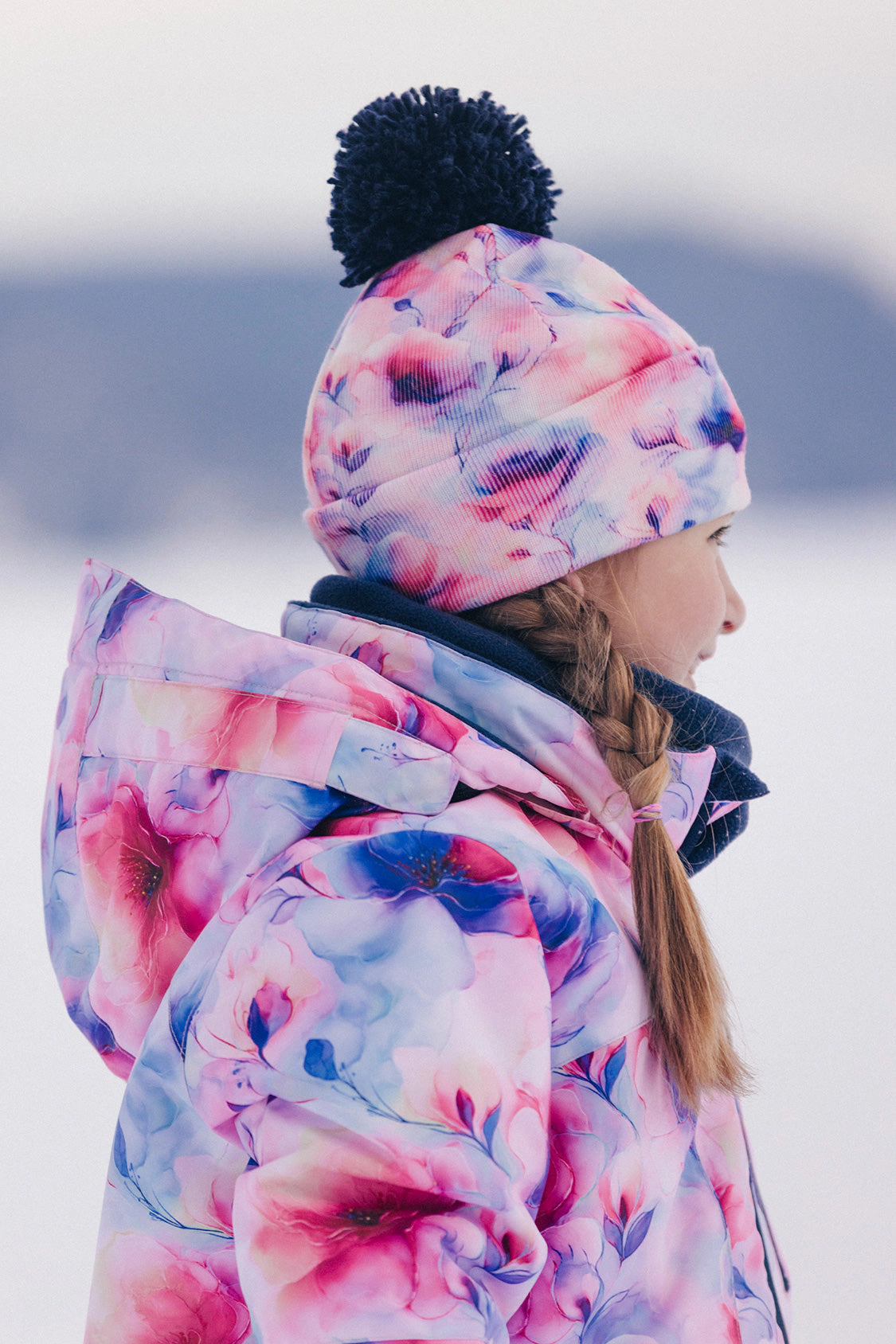 Deux par Girls Winter Knit Hat with Pompom and Printed Flowers