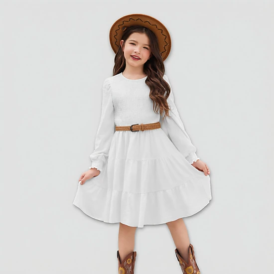 Arshiner Girls Dress Fall Boho Long Sleeve Shirred Smocked Tiered Party Dresses With Pockets