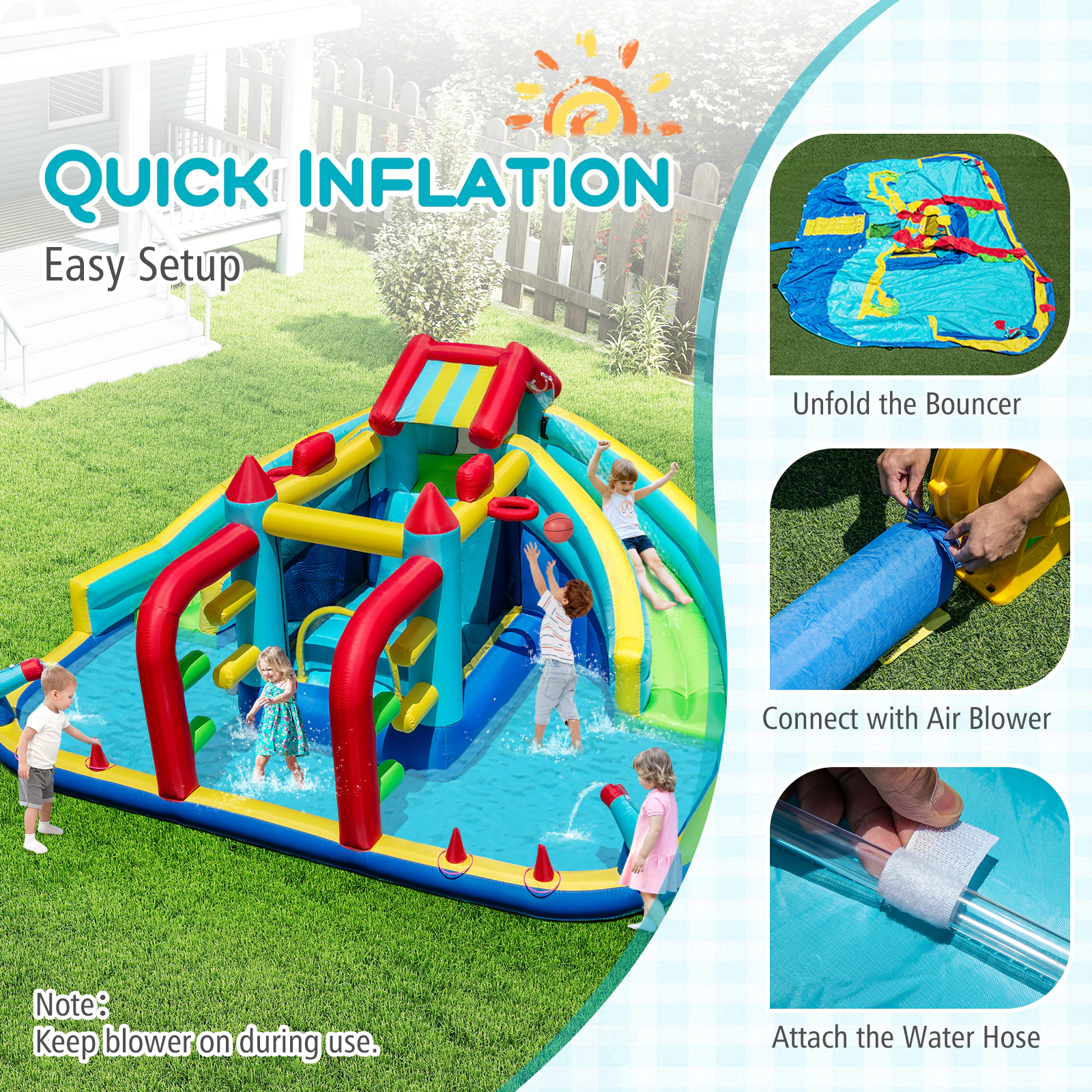 SUGIFT Obstacle Course Basketball Hoops and 680W Blower Kids Inflatable Double Water Slide Park
