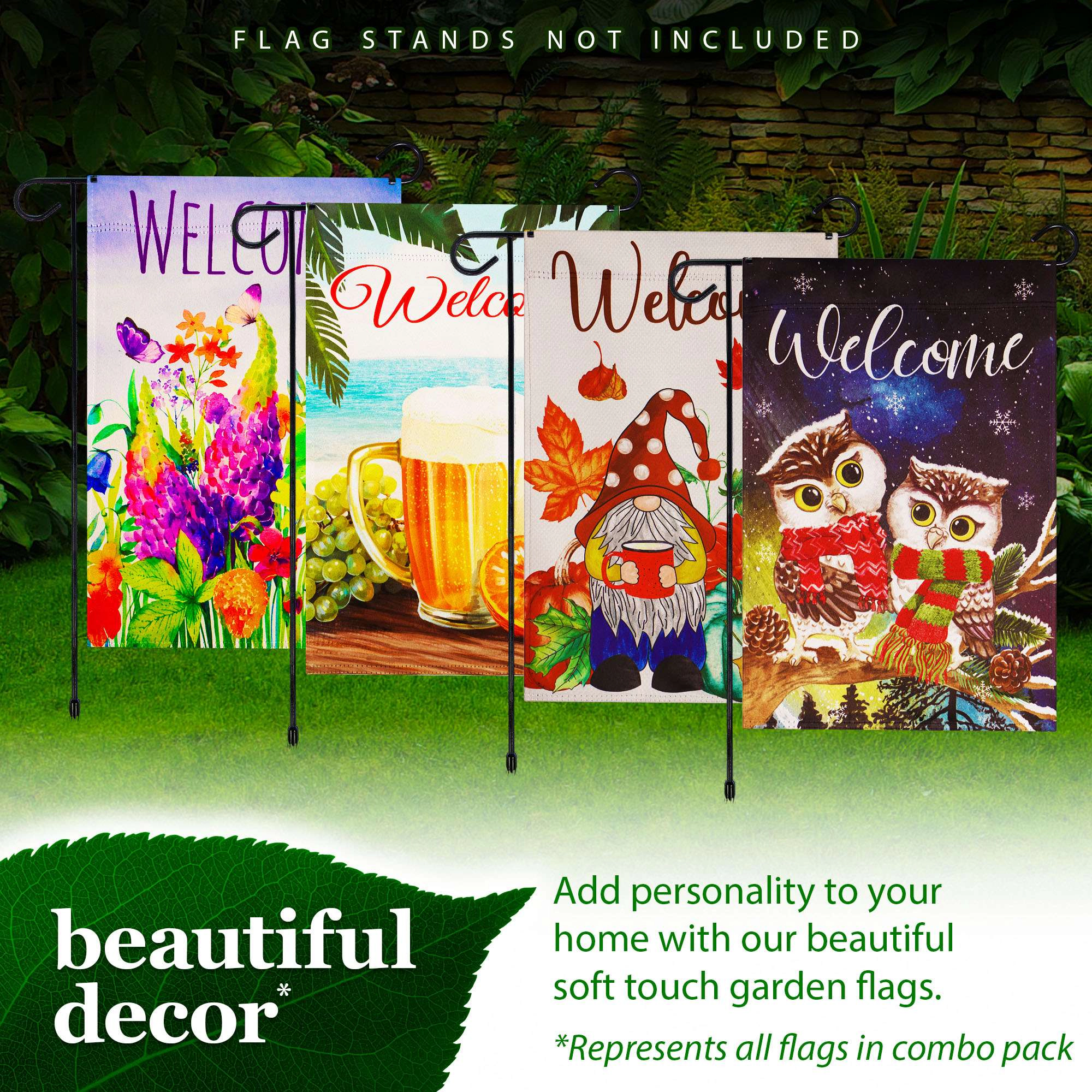 G128 Four Seasons Gnome Garden Flag Set 4-Pack - 12 x 18 Inch Double-Sided Blockout Fabric