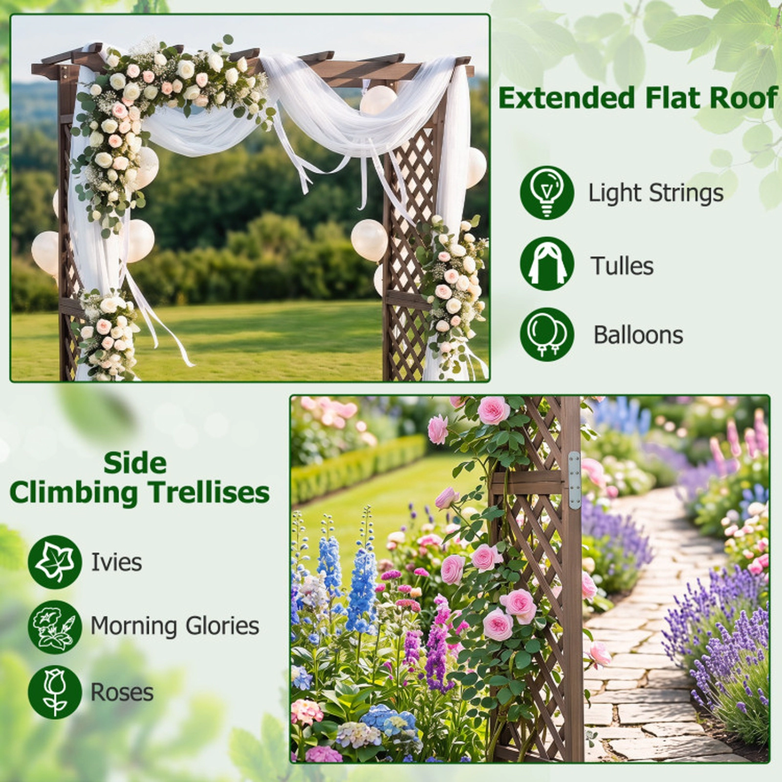 SUGIFT Dark Brown Flat Top Wooden Garden Arbor with Gate and Side Trellises 60-in W 24-in D 85-in H 49-in Entry W