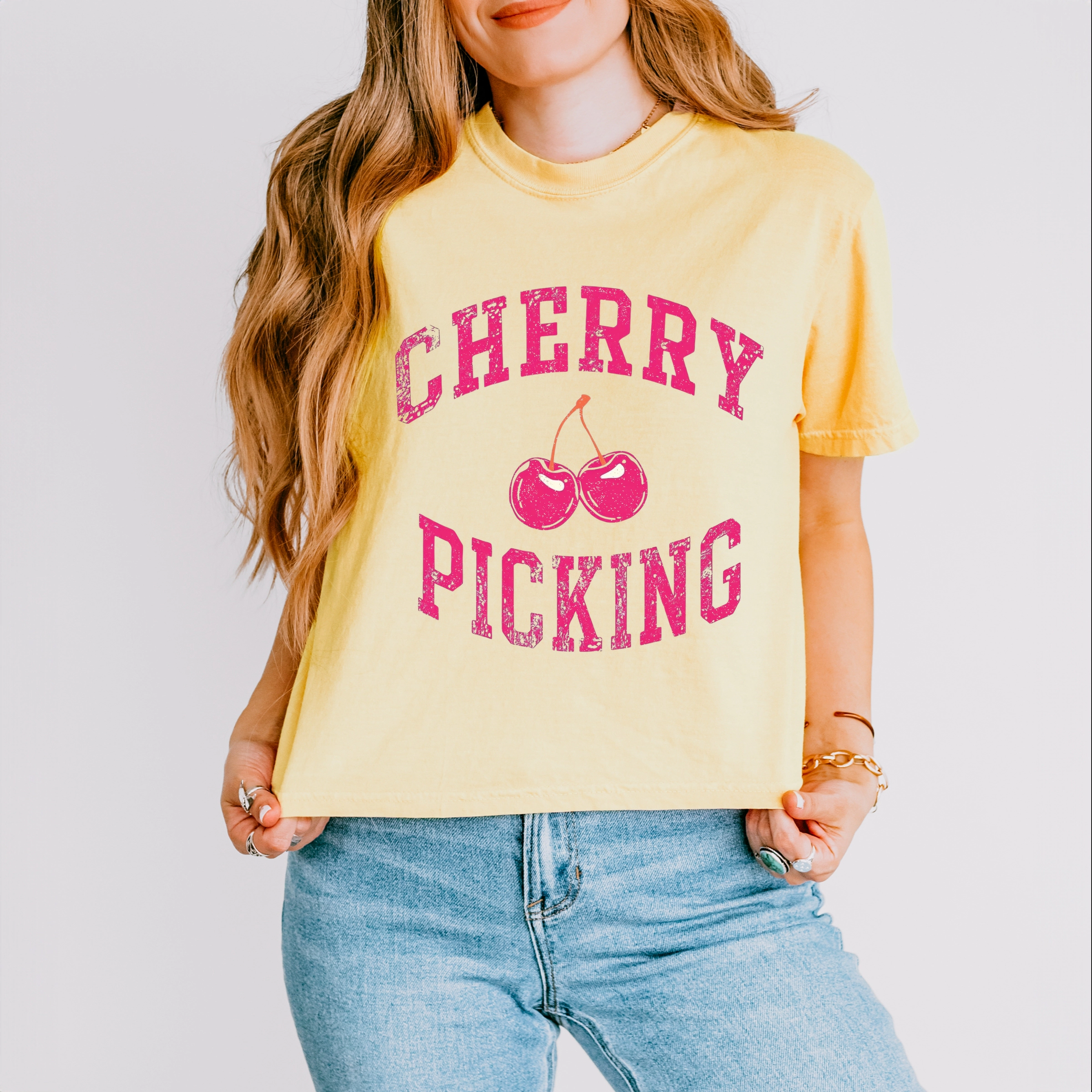 Simply Sage Market - Cherry Picking Varsity Arched Women's Boxy Crop Top Graphic T-Shirt