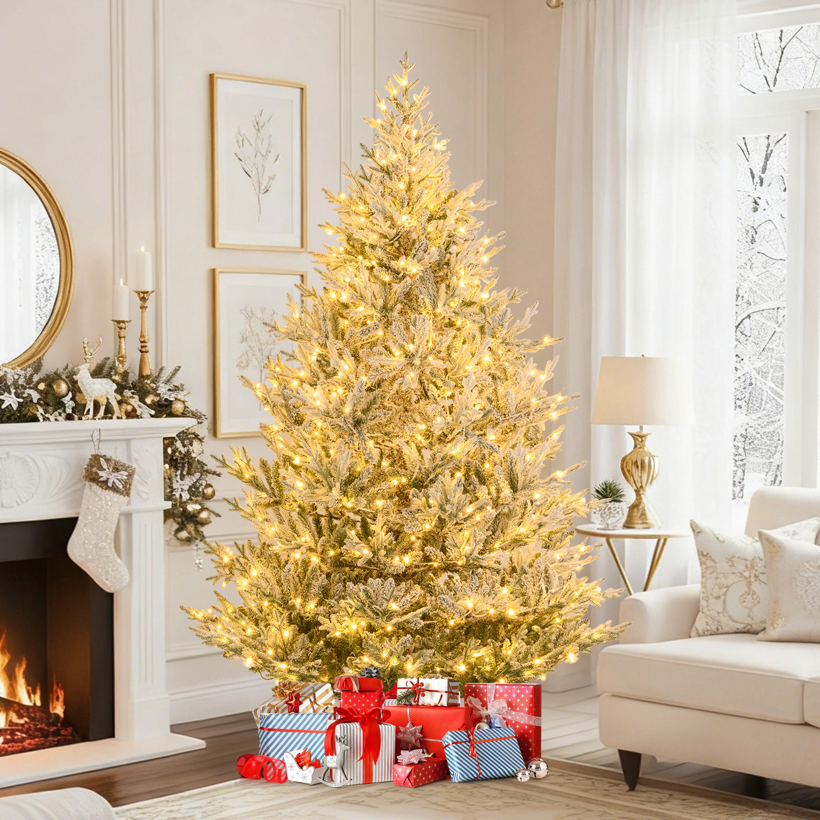 SlickBlue Snow Flocked Christmas Tree with Warm White LED Lights