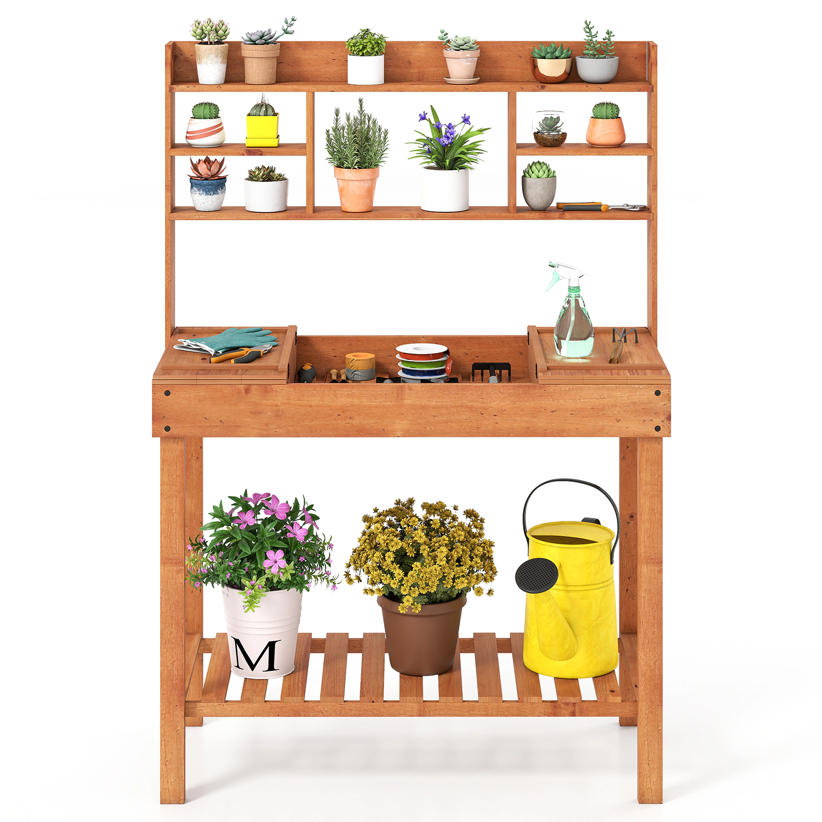 LJG Wooden Potting Bench Table 61" Garden Planting Workstation with 3-Tier Open Shelf