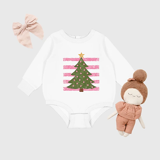 The Juniper Shop - Infant Fleece BodySuit - Christmas Tree Pink Stripes