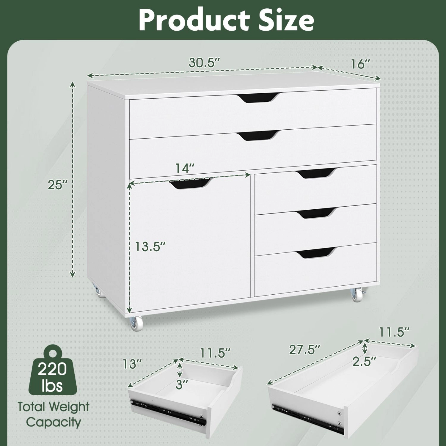 SlickBlue 5 Drawer Mobile Storage Cabinet with Door and Wheels