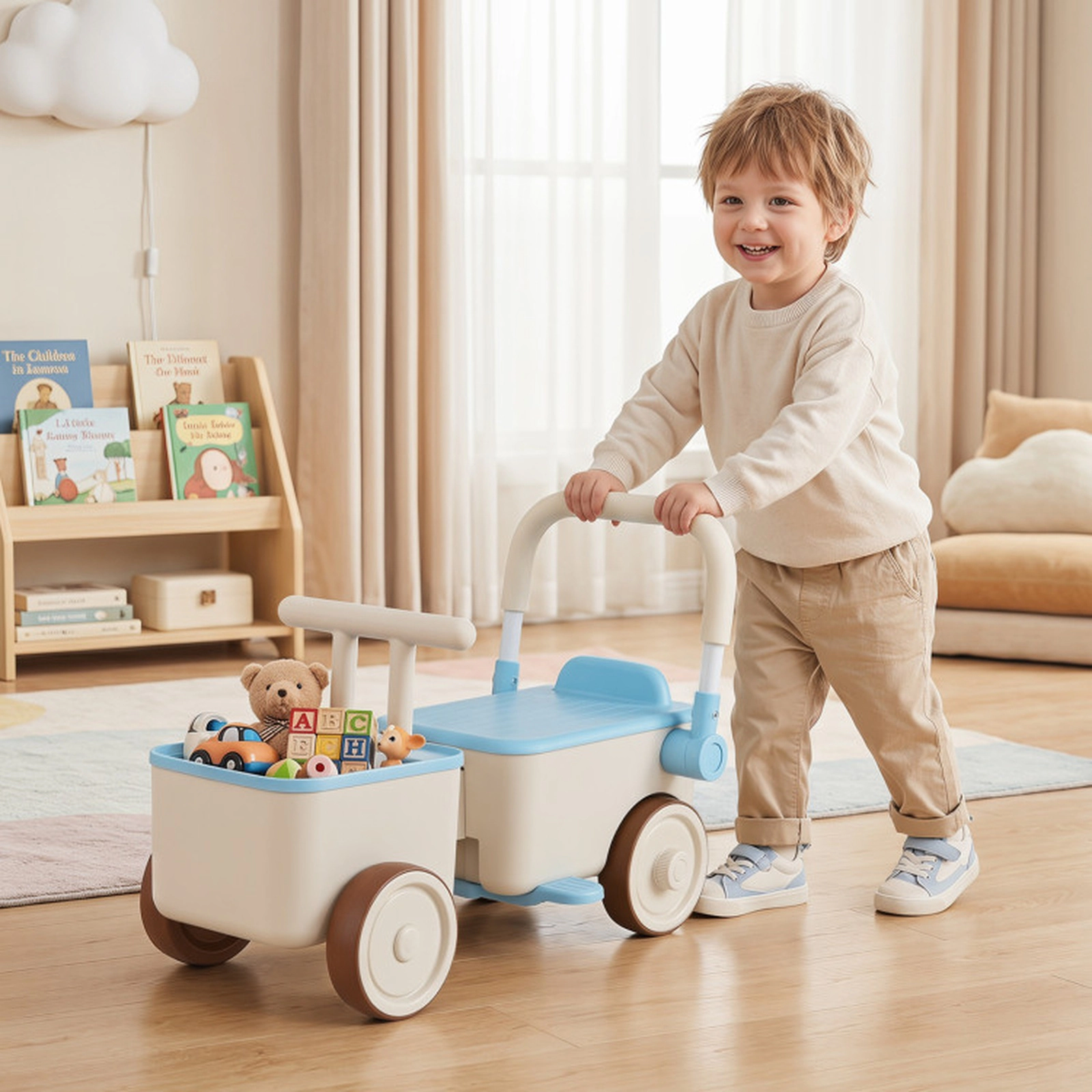 SUGIFT 3-in-1 Walking Sliding Kids Ride On Push Car with Rope and Storage Basket 44-lb Seat Capacity Ages 3-6 Blue