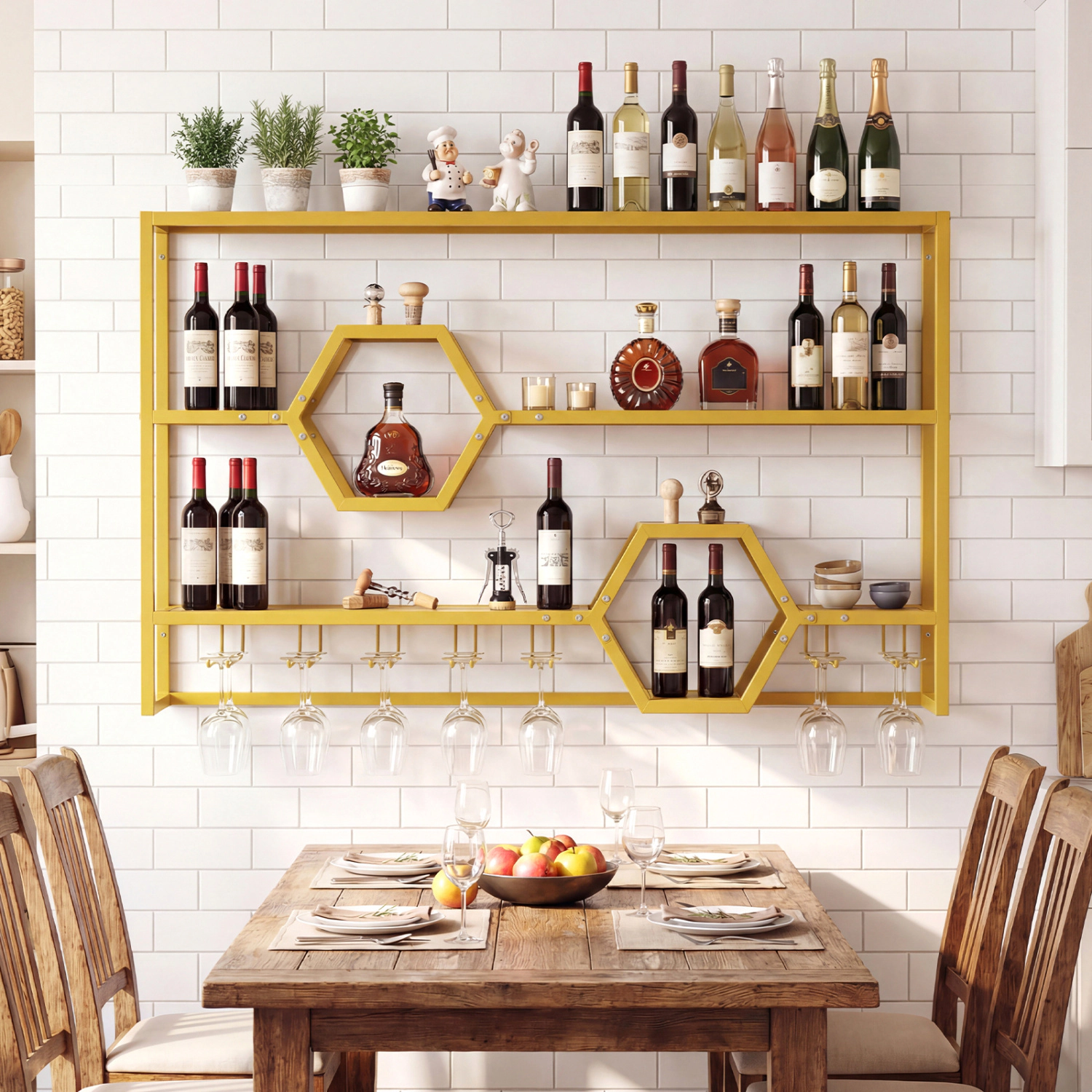 SUGIFT 47-in Wall Mounted Metal Wine Rack with 3 Shelves, Glass Holder and Honeycomb Cubbies 352-lb Capacity Black/Gold
