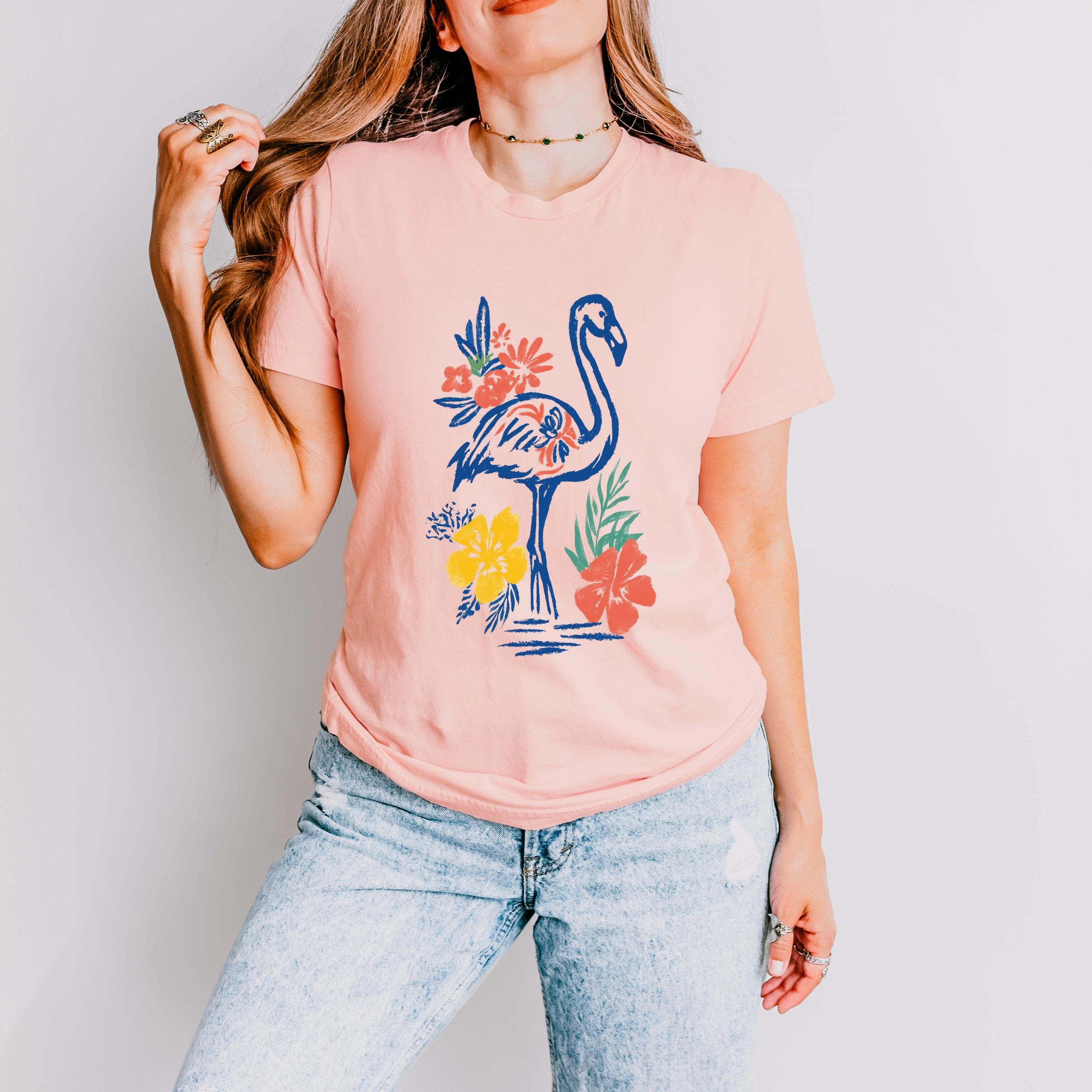Simply Sage Market - Flamingo Flowers Outline Women's Short Sleeve Graphic T-Shirt