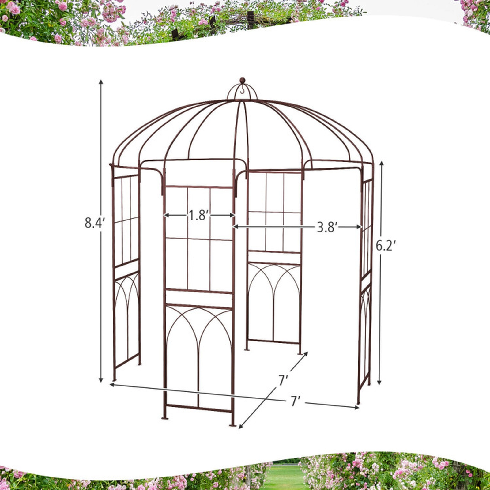 SUGIFT 8.4-ft Bronze Birdcage Shape Metal Garden Arbor with Anti-Rust Coating and 16 Ground Stakes