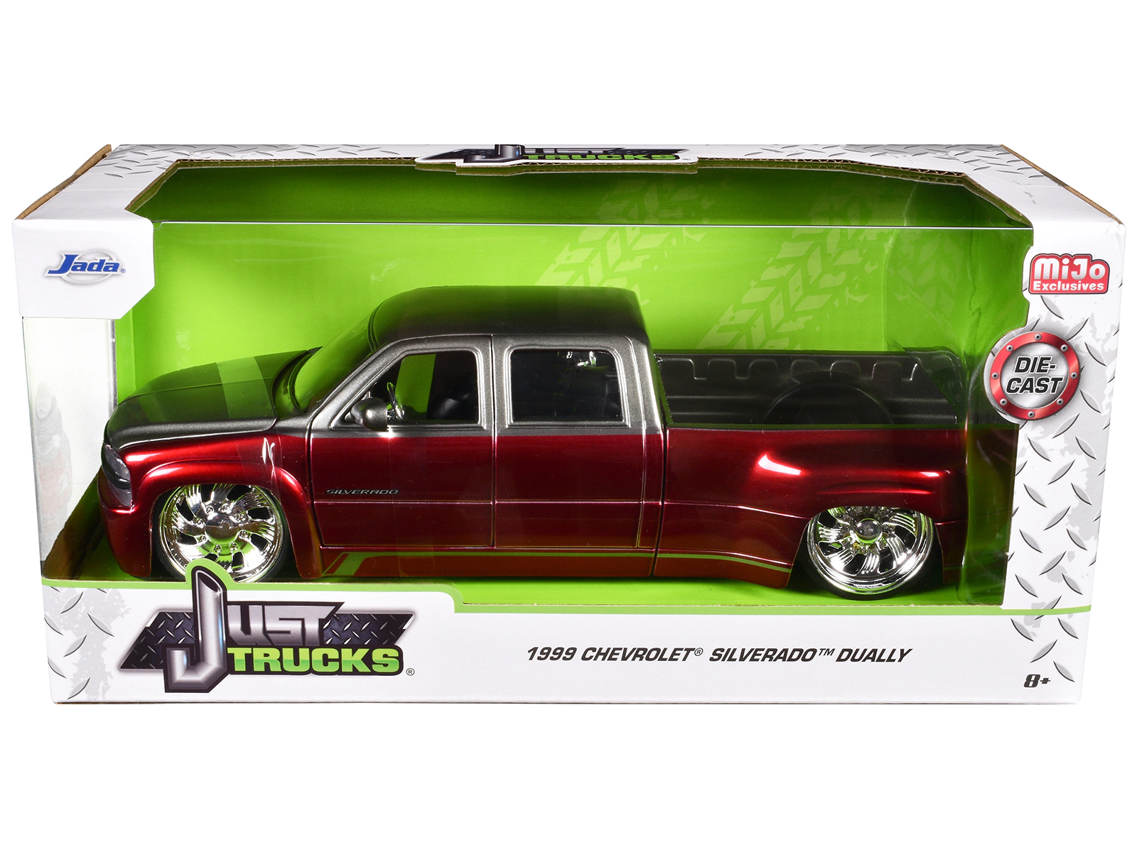 Jada 1999 Chevrolet Silverado Dually Pickup Truck Red Metallic and Gray with Custom KMC Wheels "Just Trucks"