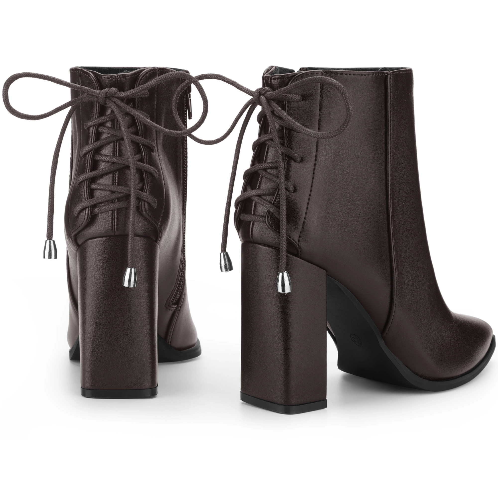BLISSFUL STEP Women's Pointed Toe Back Tie Chunky Heel Ankle Boots