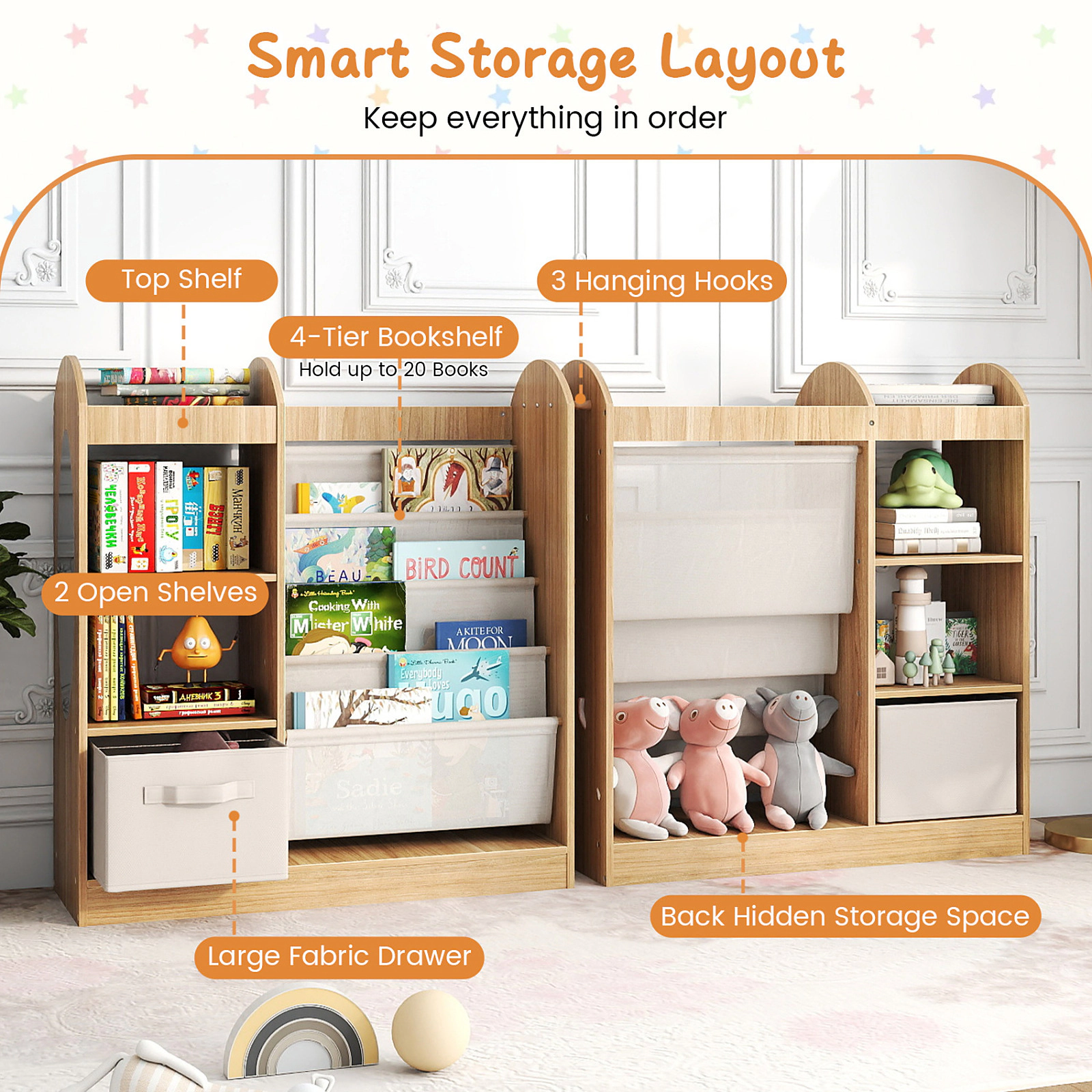 SUGIFT Kids 4-Tier Sling Shelves Mirror Fabric Drawer Toy Storage Organizer 34.5-in x 12-in x 35.5-in Ages 3+ Natural