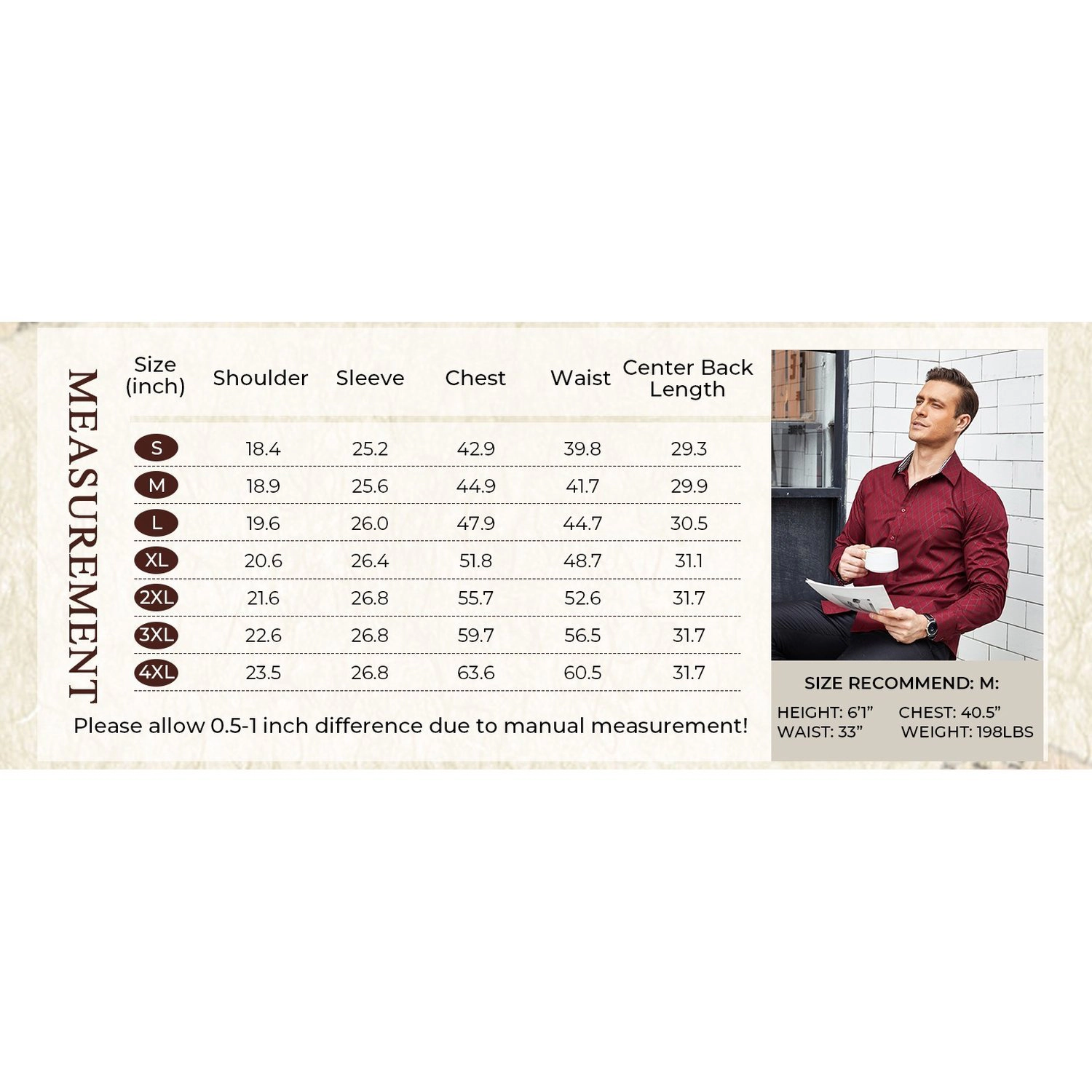 COOFANDY Mens Burgundy Diamond Print Long Sleeve Contrast Cuff Casual Dress Shirt
