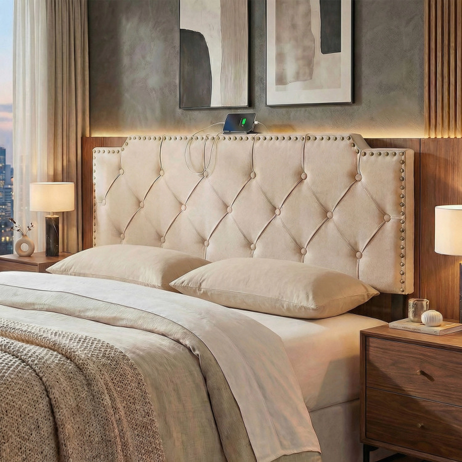 SUGIFT Rivet Tufted Upholstered Headboard with Outlets and USB for Full and Queen Beds Beige/Gray
