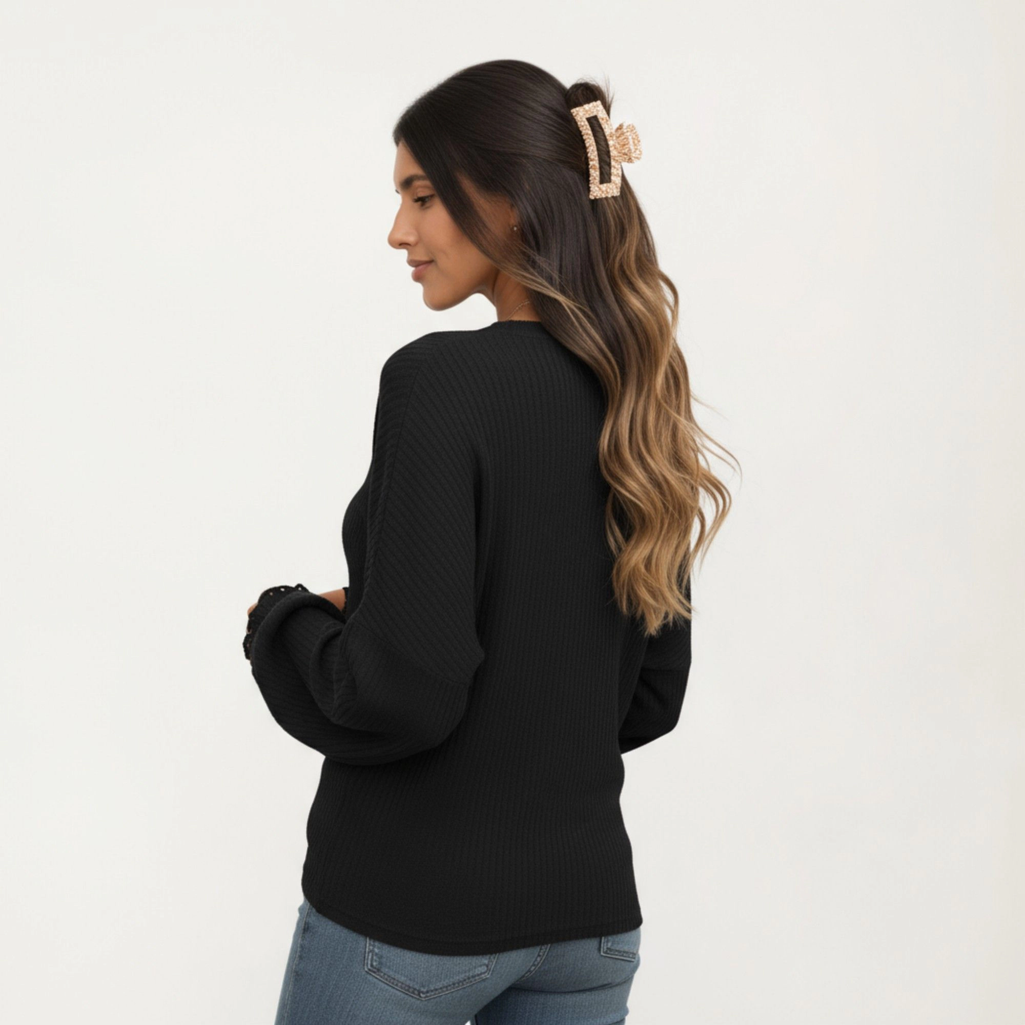 Anna-Kaci Women's Ribbed Ruffle Cuff Long Sleeve Knit Top