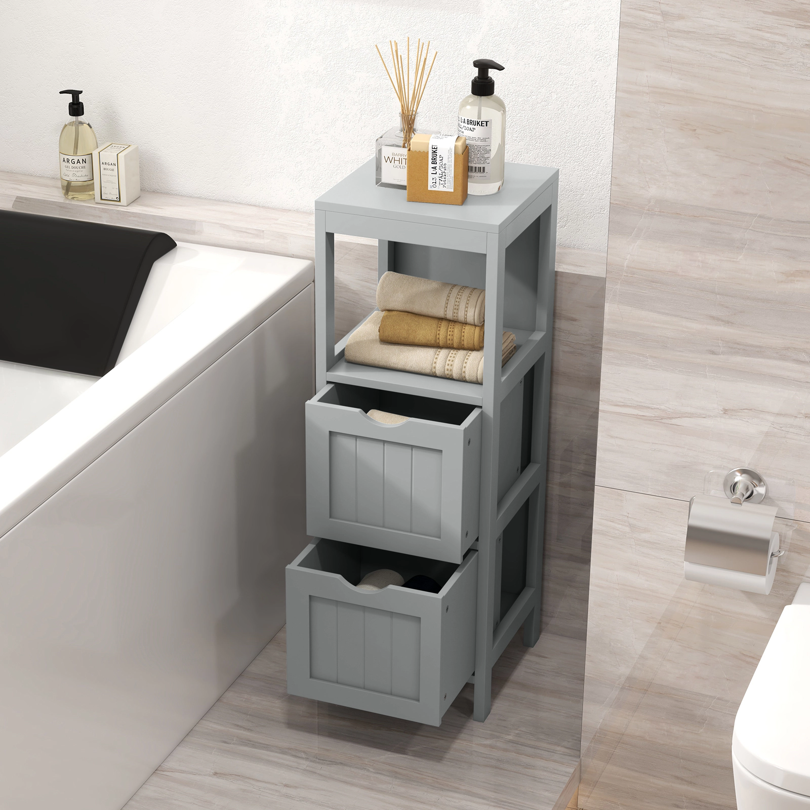 SlickBlue Bathroom Floor Cabinet with Drawers and Open Shelf