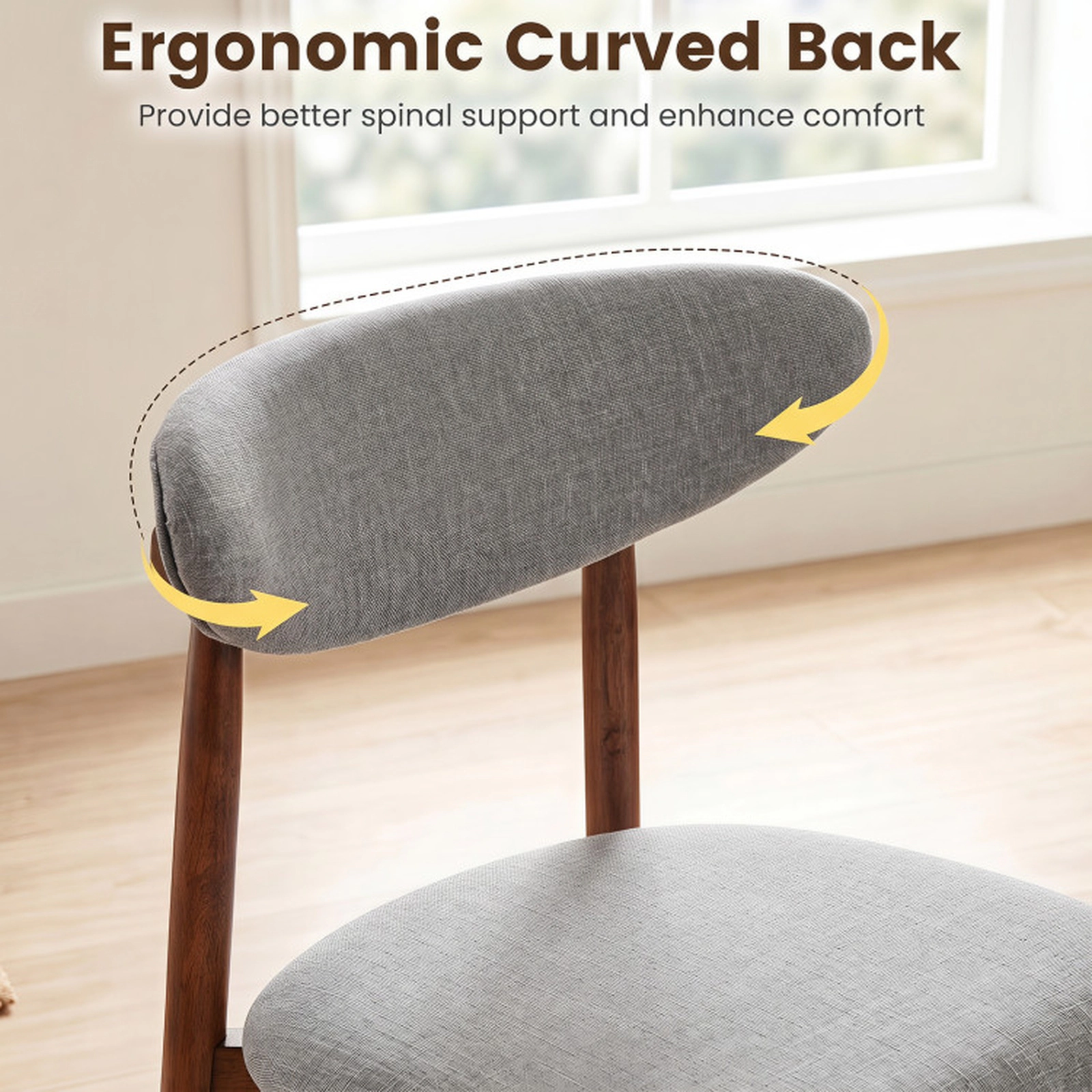 SUGIFT Gray Fabric Upholstered Curved Backs and Wood Legs Set of 4 Dining Chairs