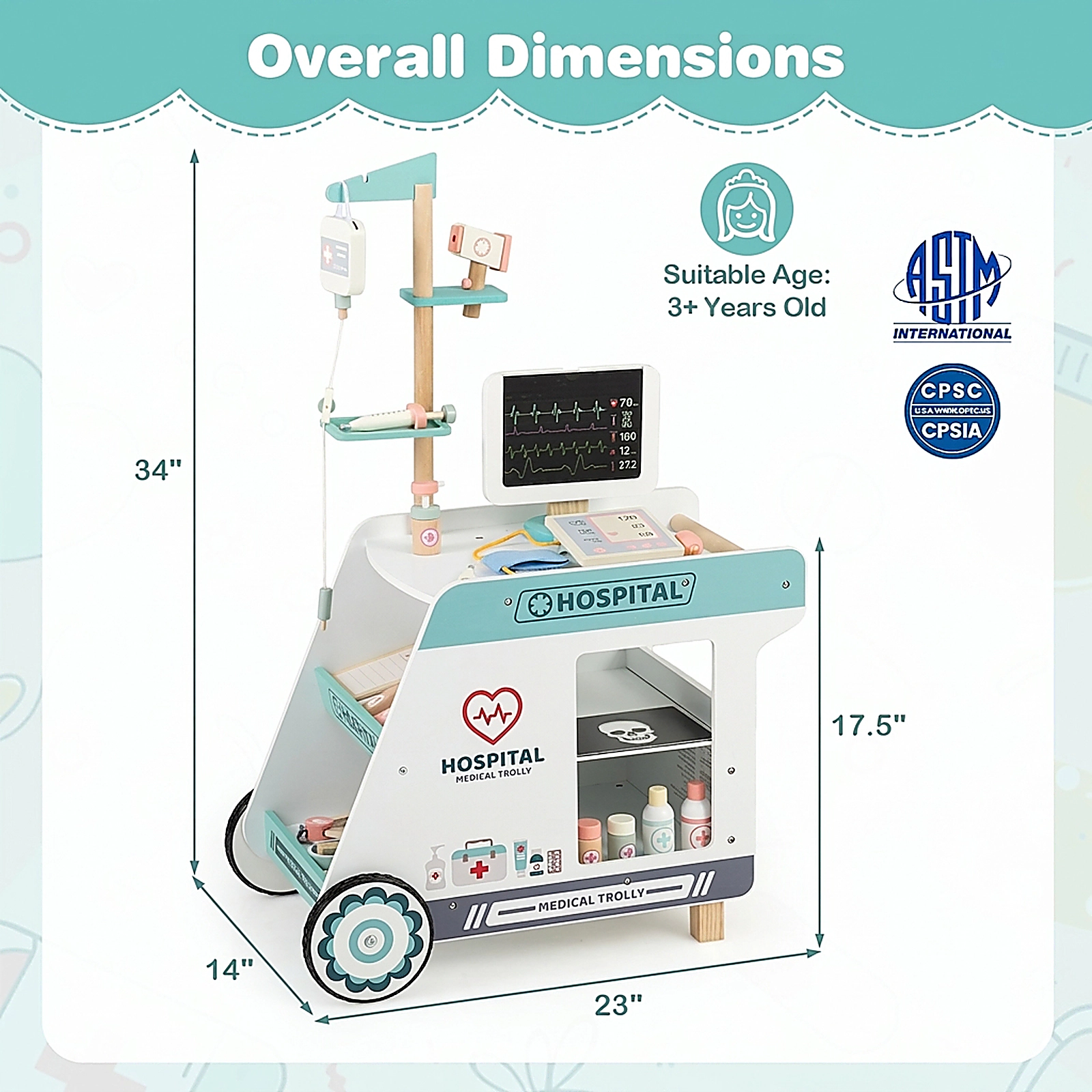 SUGIFT Wooden Doctor Playset Medical Cart for Kids 23-in Wide 34-in Tall 17.5-in Tabletop Ages 3+ Green/Pink 1-Piece