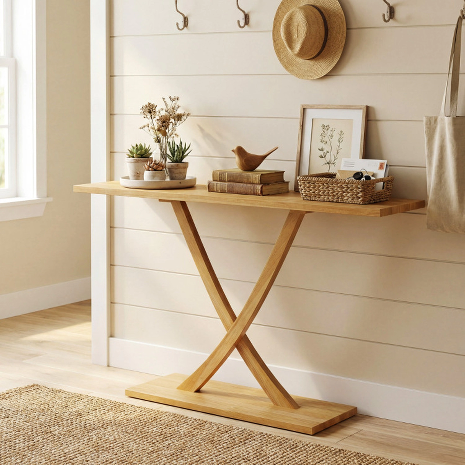 SUGIFT Solid Teak Wood Geometric X Frame 1.2-in Thick Top Console Table 57-in x 12-in x 32-in 110-lb Capacity Natural